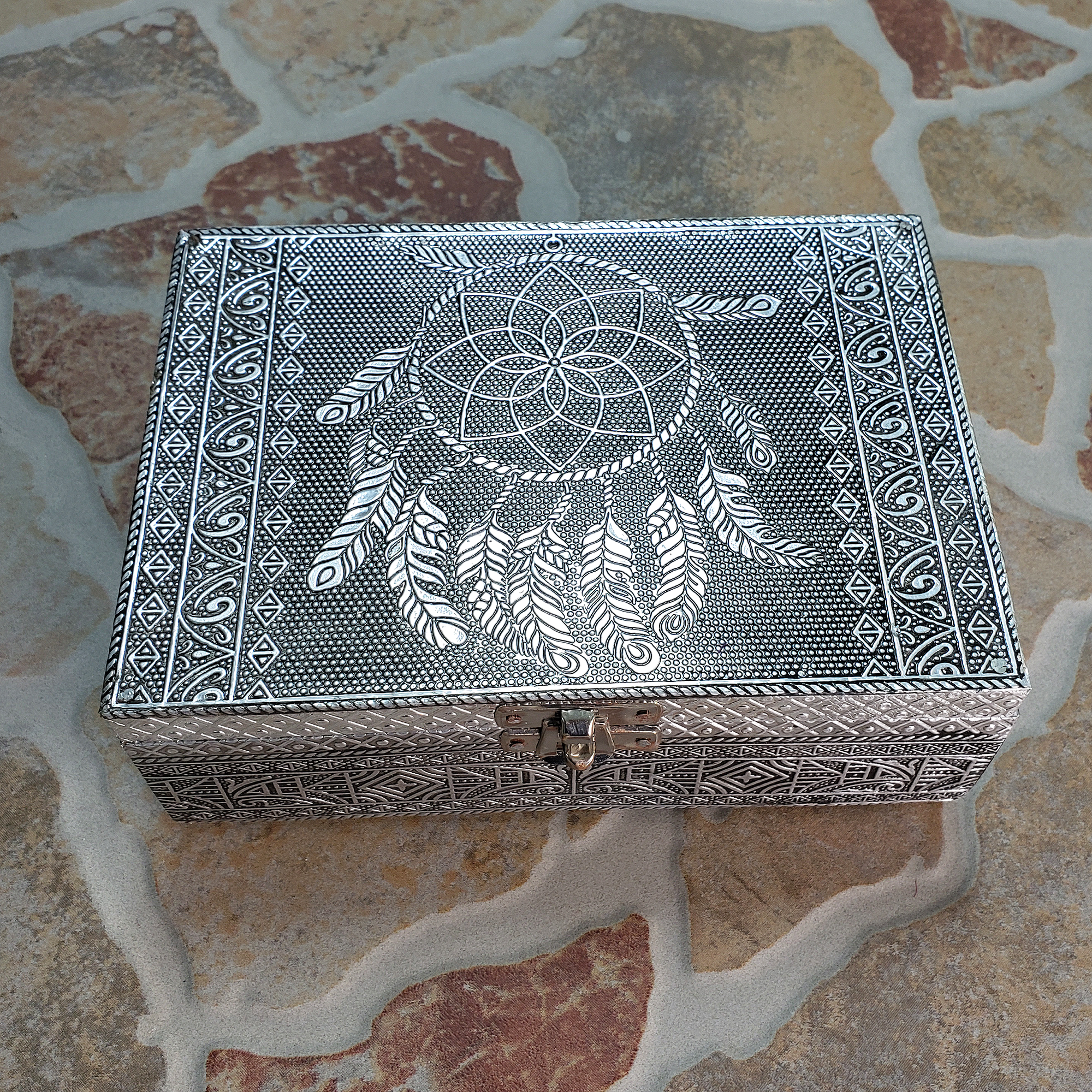 Dreamcatcher Embossed Metal Over Wooden Decorative Storage Box - 6.75 x 4.75 inches