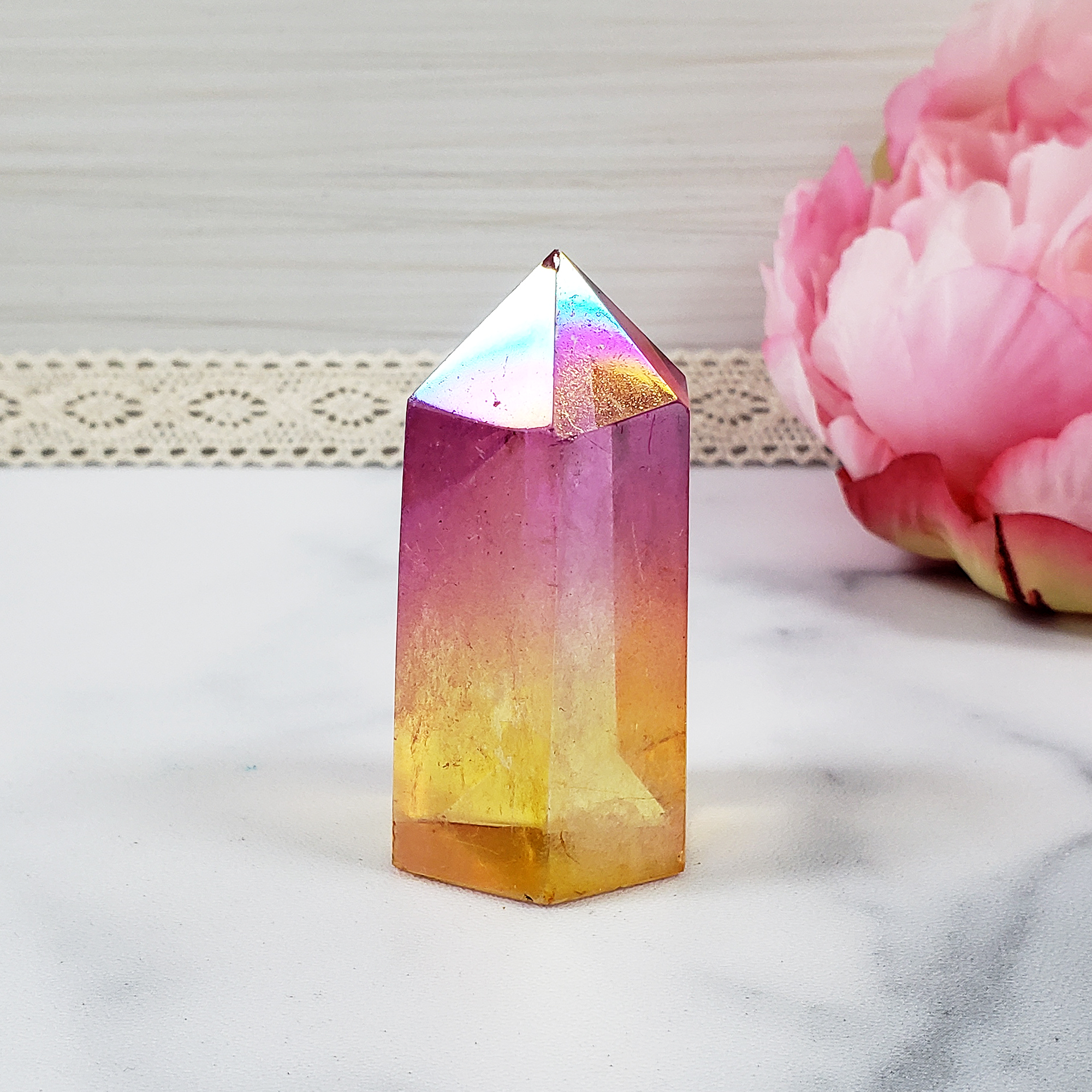 Unique Sunset Aura Quartz Crystal Tower Rainbow Crystal Point | Pink Aura Quartz & Sunshine Aura Quartz - Dusk