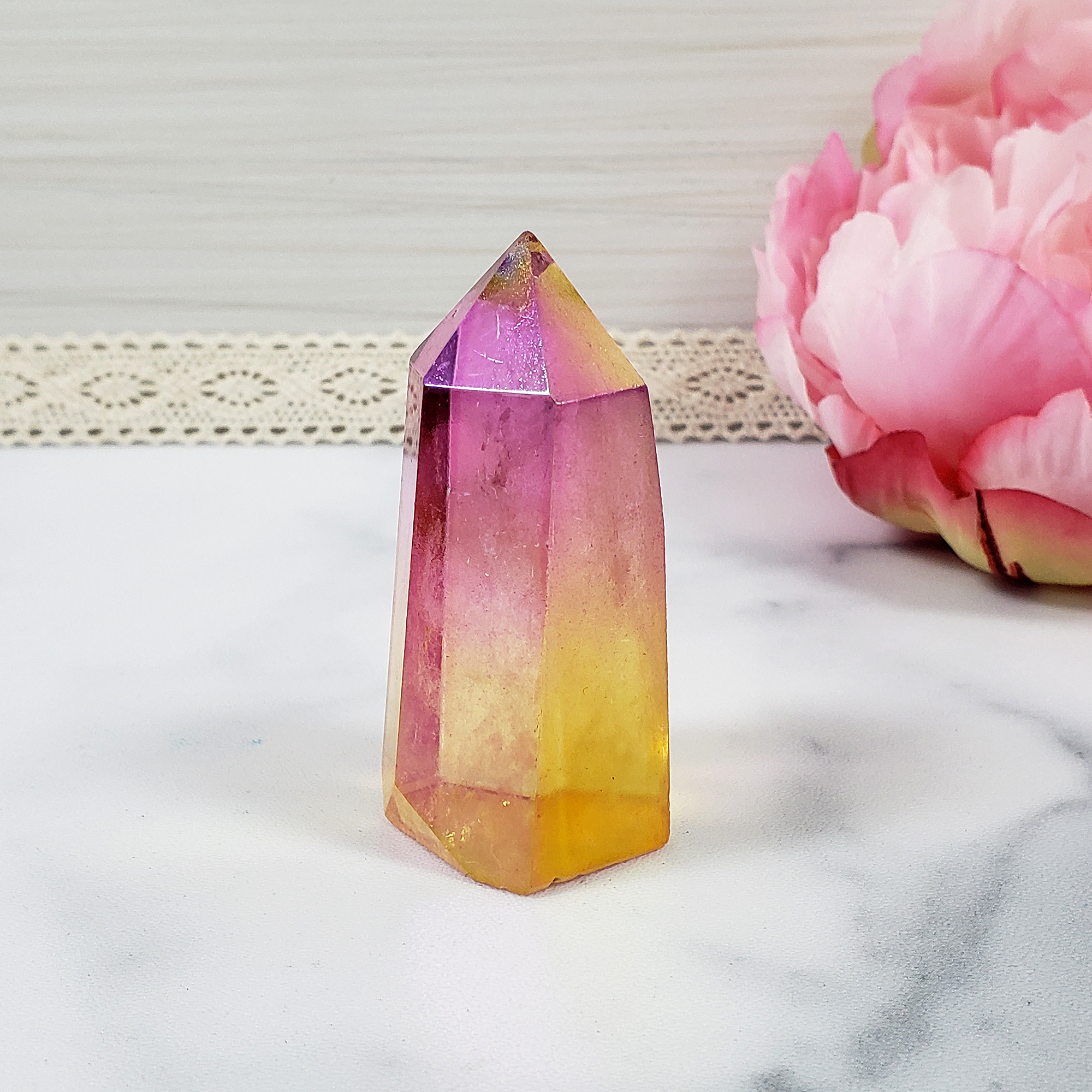 Unique Sunset Aura Quartz Crystal Tower Rainbow Crystal Point | Pink Aura Quartz & Sunshine Aura Quartz - Dusk - 2