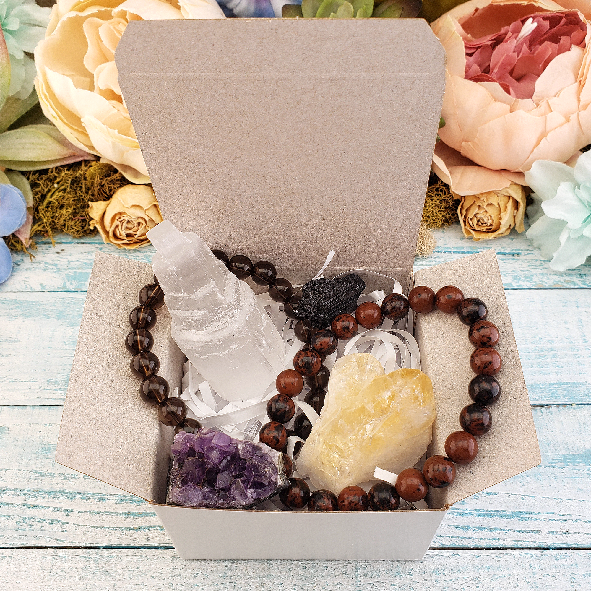 Evil Eye Protection Crystal Gift Set - Care Package for Spiritual Shielding - Looking Into Gift Box