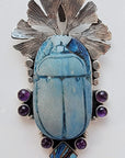 Egyptian Scarab Sterling Silver Pendant with Amethyst & Rainbow Calsilica