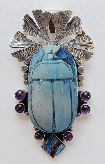 Egyptian Scarab Sterling Silver Pendant with Amethyst & Rainbow Calsilica