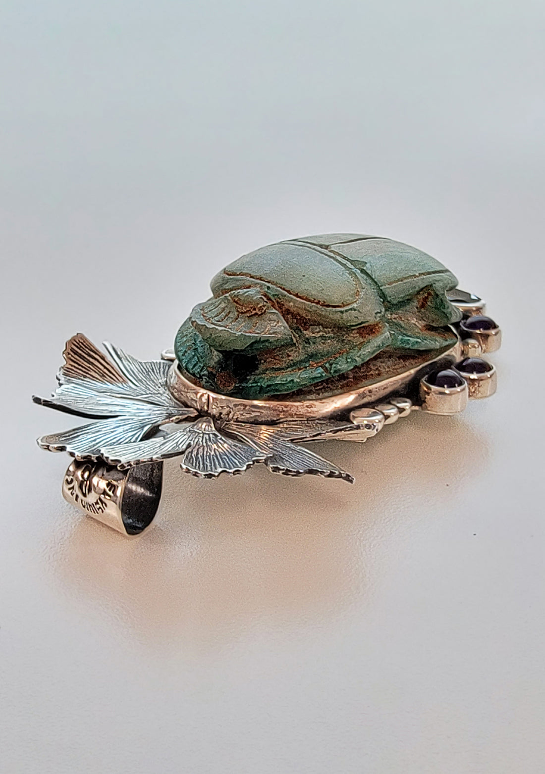 Egyptian Scarab Sterling Silver Pendant with Amethyst & Smoky Quartz