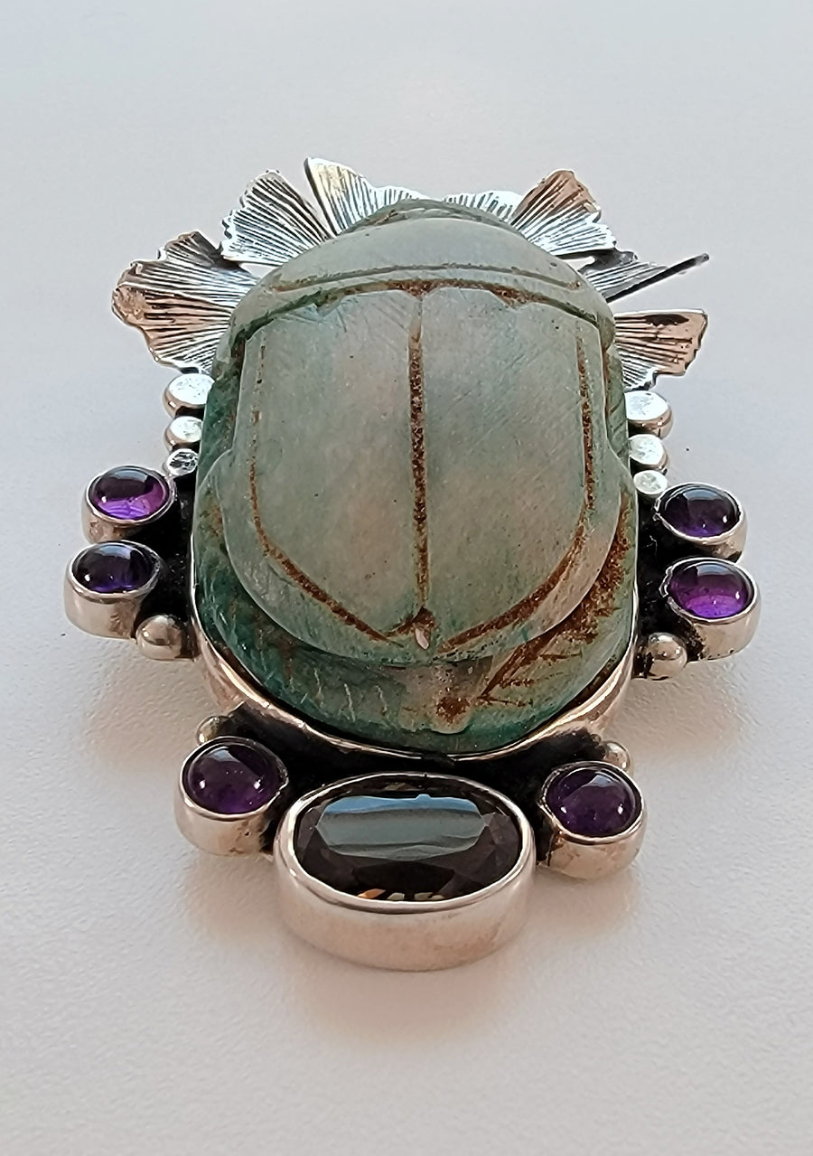 Egyptian Scarab Sterling Silver Pendant with Amethyst & Smoky Quartz