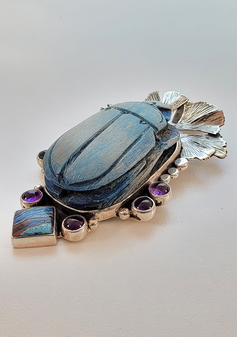 Egyptian Scarab Sterling Silver Pendant with Amethyst & Rainbow Calsilica