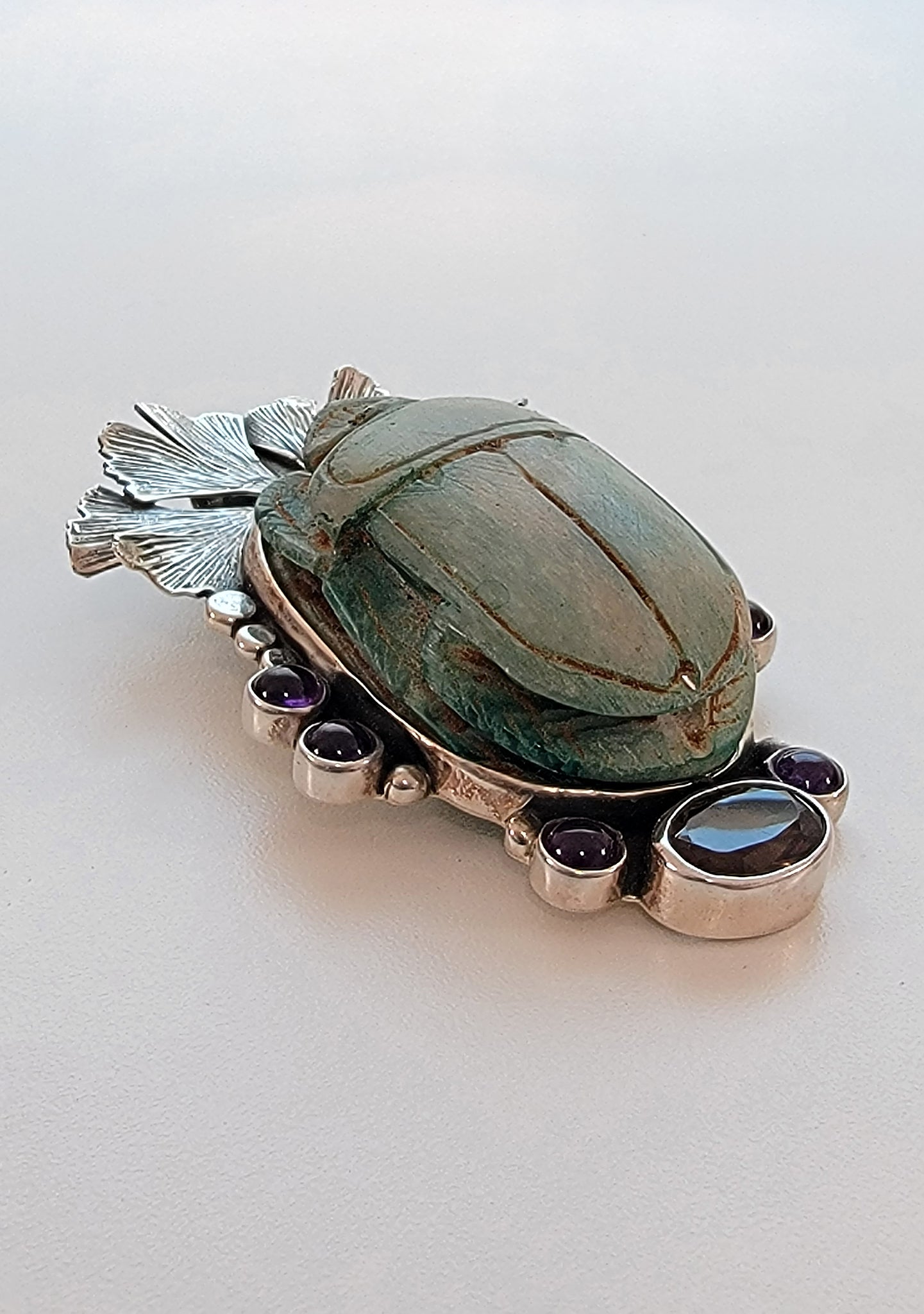 Egyptian Scarab Sterling Silver Pendant with Amethyst &amp; Smoky Quartz