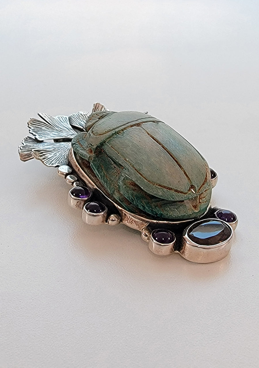 Egyptian Scarab Sterling Silver Pendant with Amethyst & Smoky Quartz