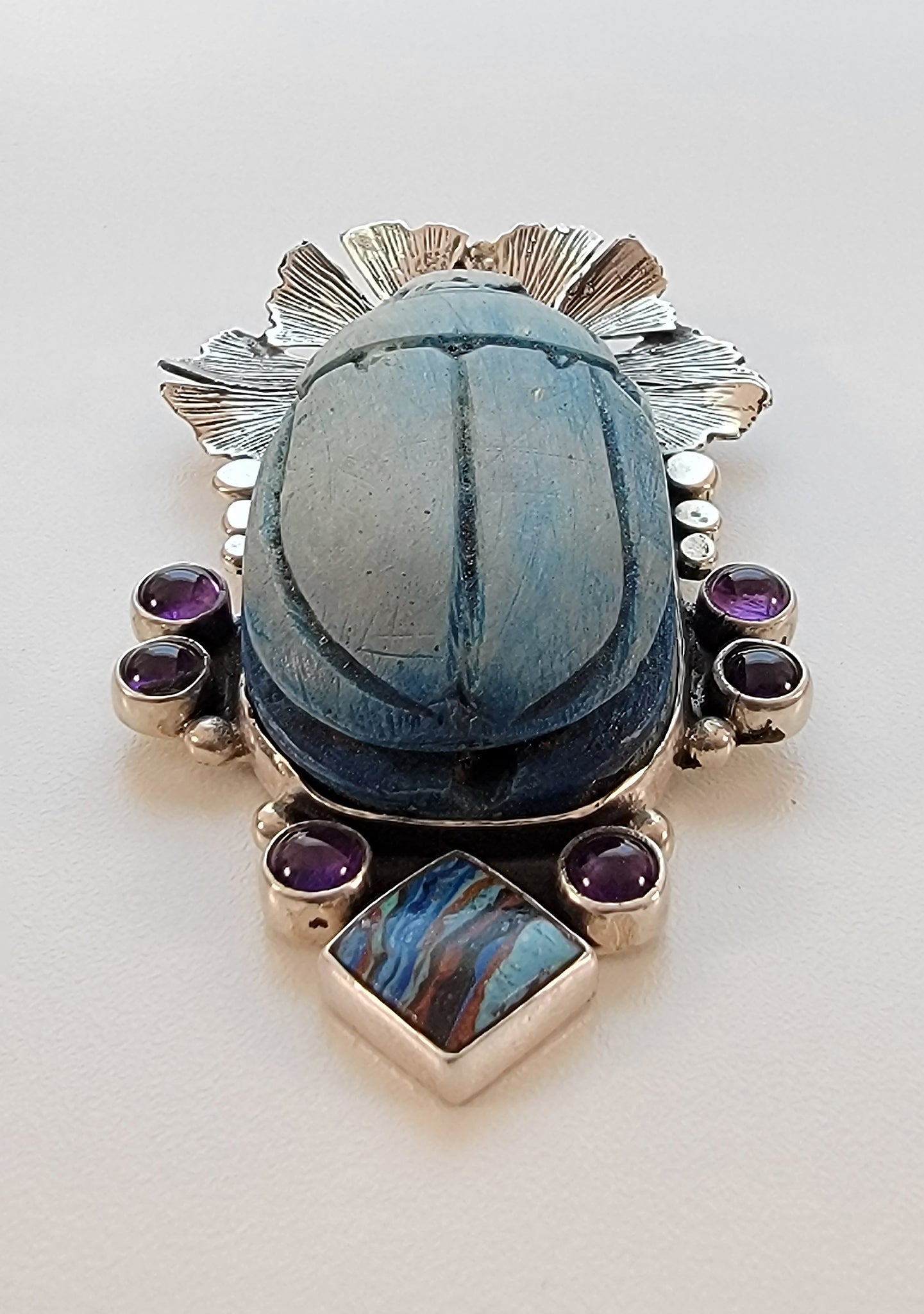 Egyptian Scarab Sterling Silver Pendant with Amethyst &amp; Rainbow Calsilica