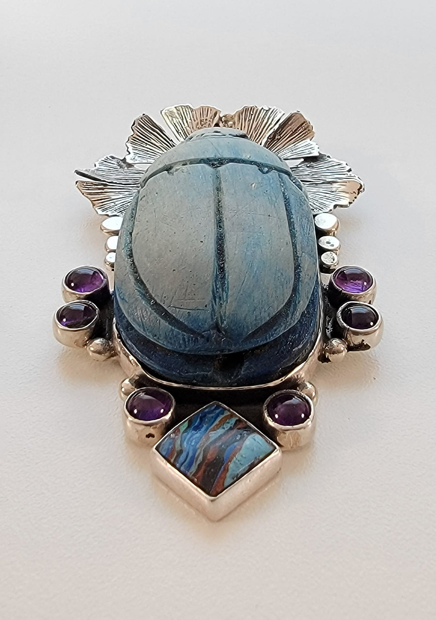 Egyptian Scarab Sterling Silver Pendant with Amethyst & Rainbow Calsilica