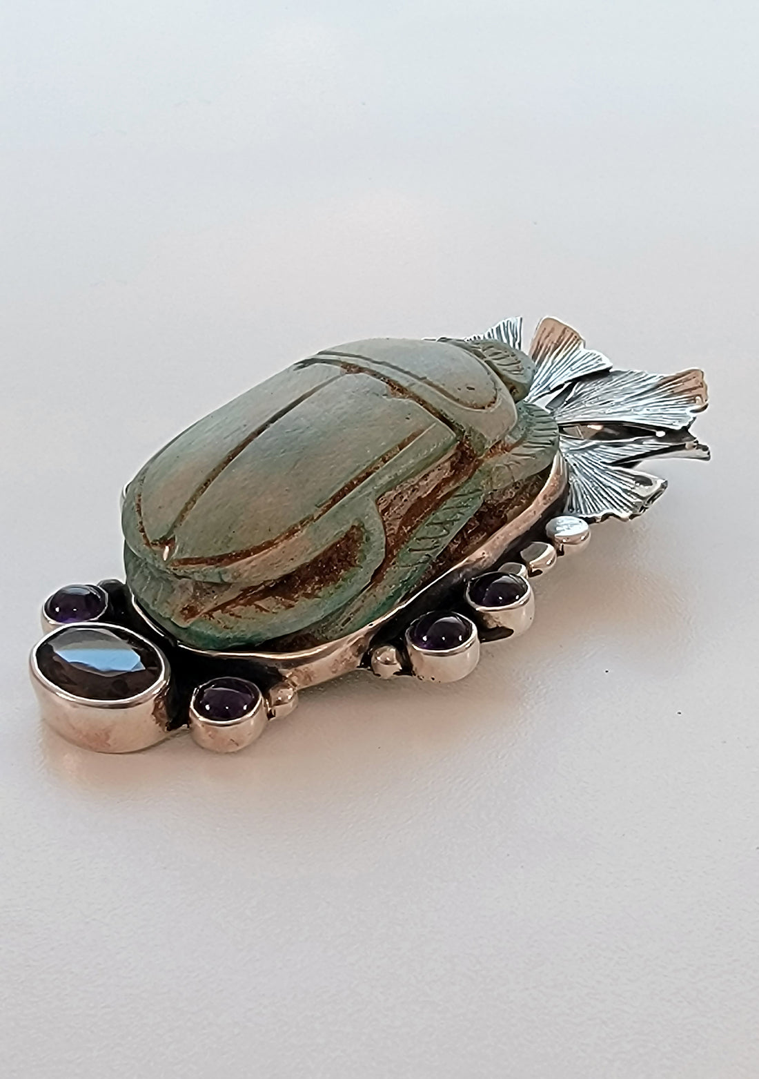 Egyptian Scarab Sterling Silver Pendant with Amethyst & Smoky Quartz