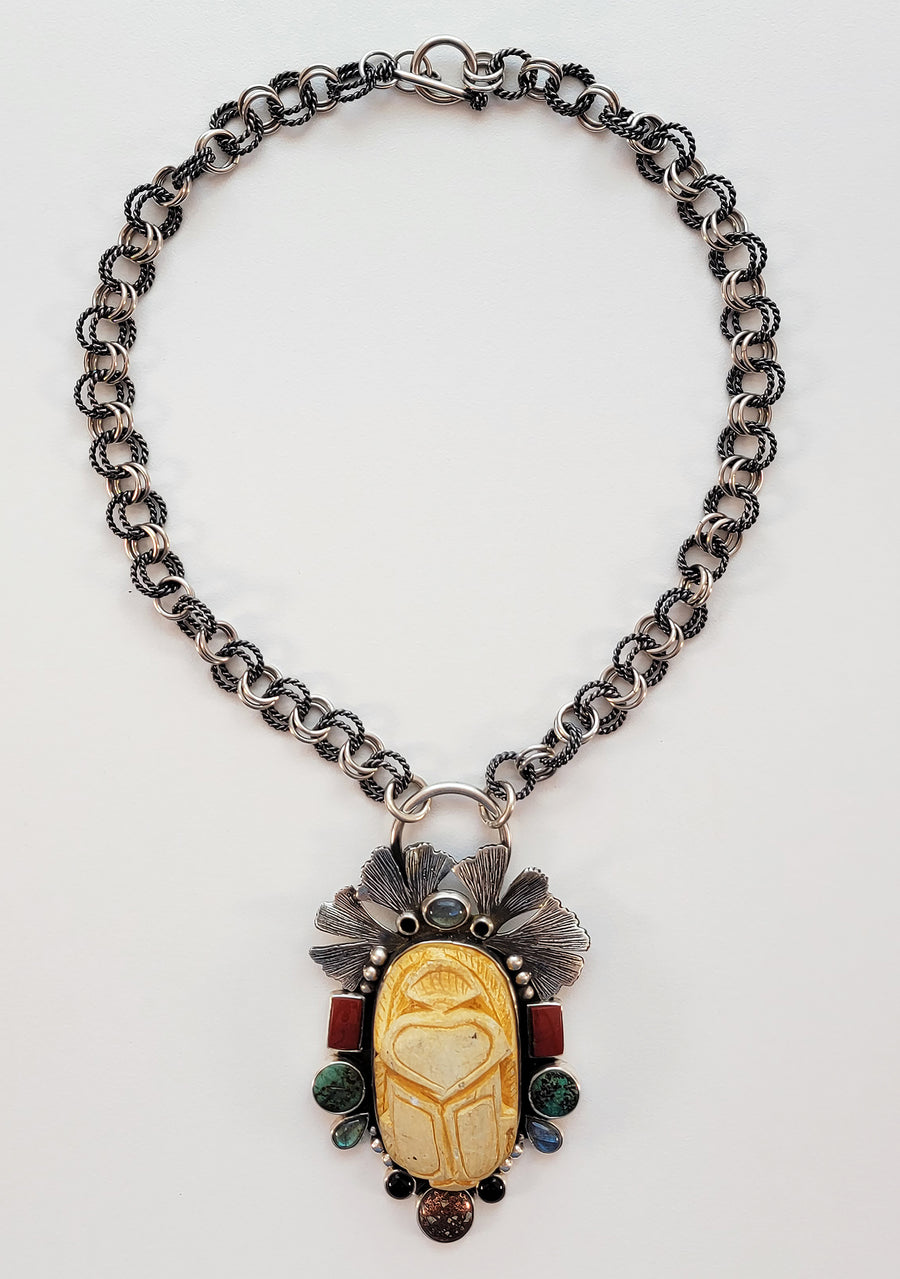 Egyptian Scarab Sterling Silver Bejeweled Necklace