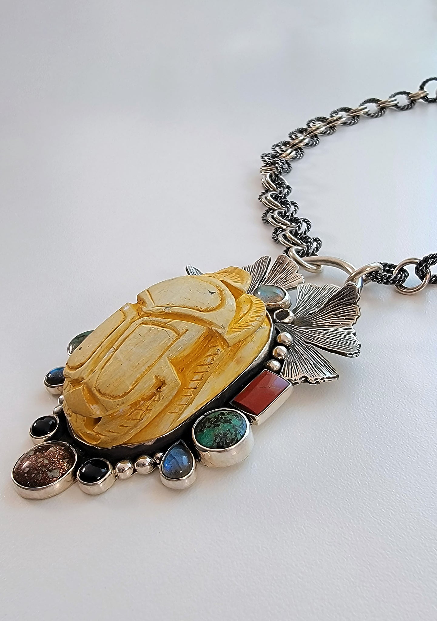 Egyptian Scarab Sterling Silver Bejeweled Necklace