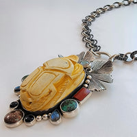 Egyptian Scarab Sterling Silver Bejeweled Necklace