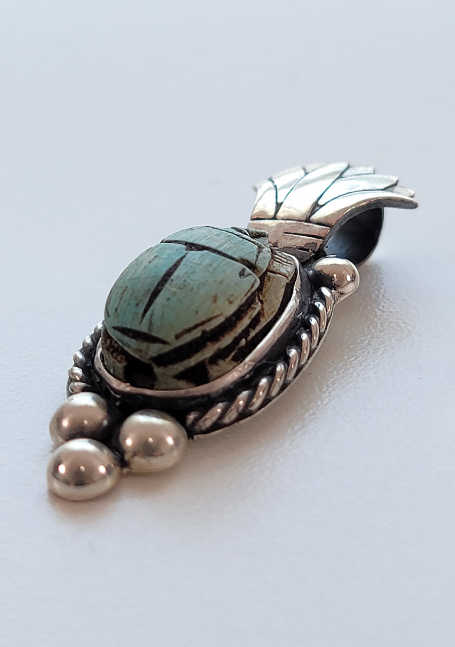 Egyptian Scarab Sterling Silver Lotus Pendant