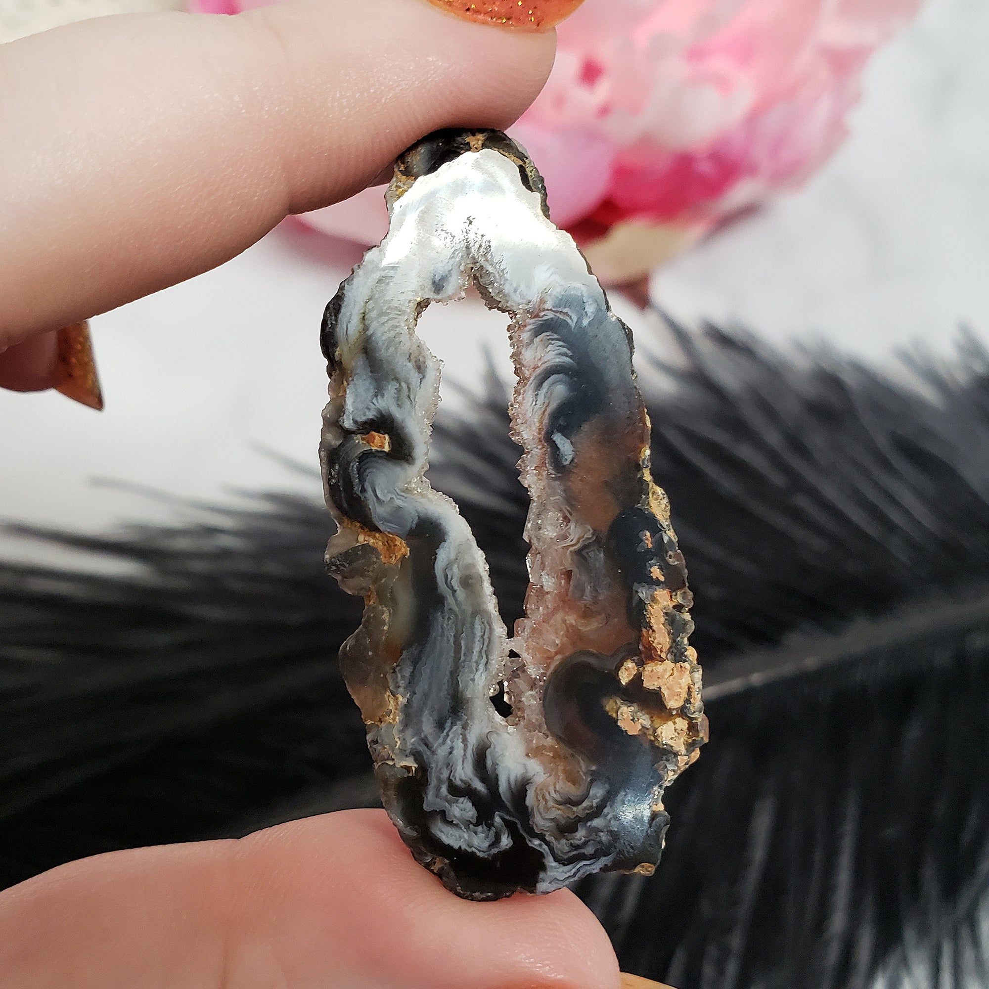 Unique Oco Agate Crystal Slice Natural Druzy Gemstone Window | Feathered - 3