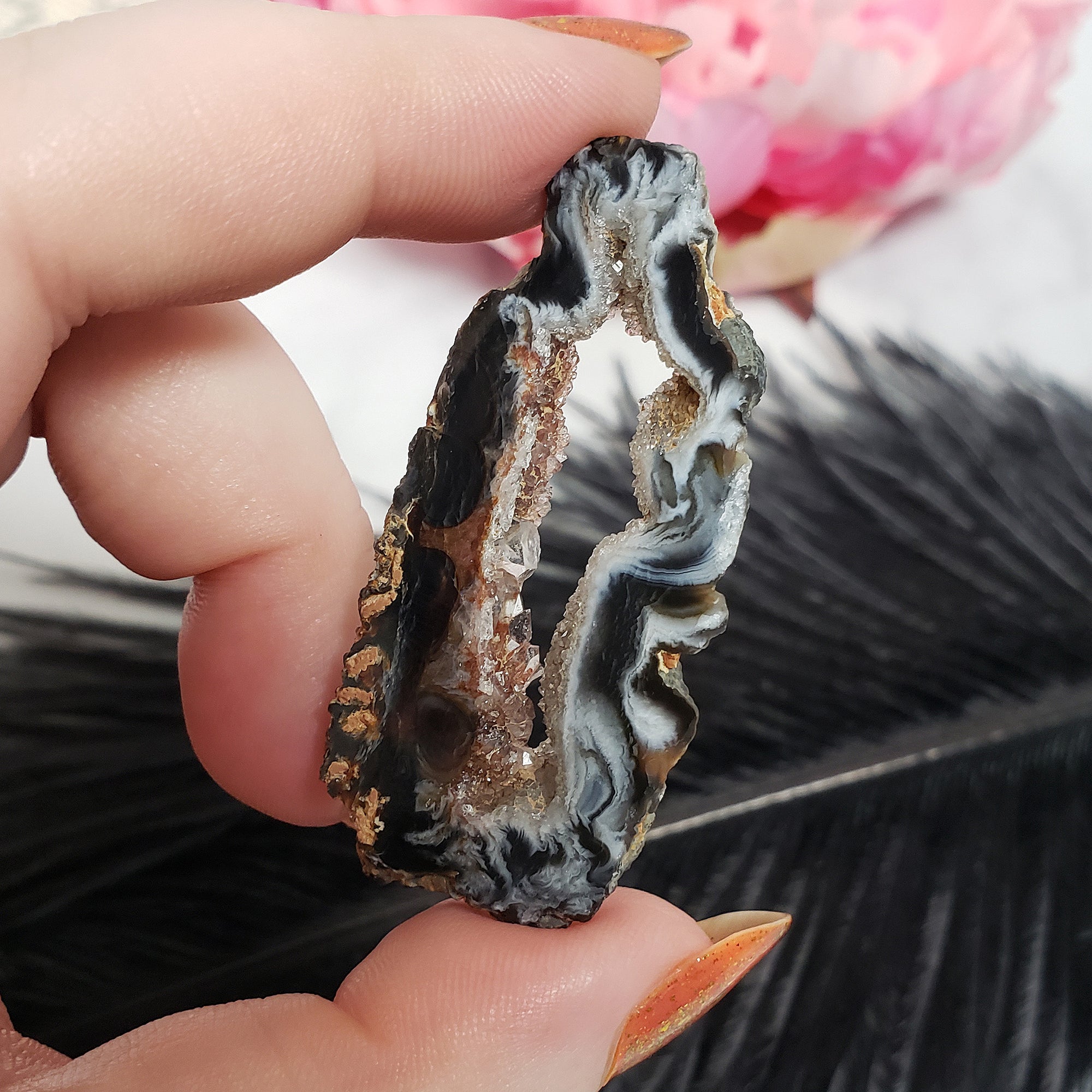 Unique Oco Agate Crystal Slice Natural Druzy Gemstone Window | Feathered - 4