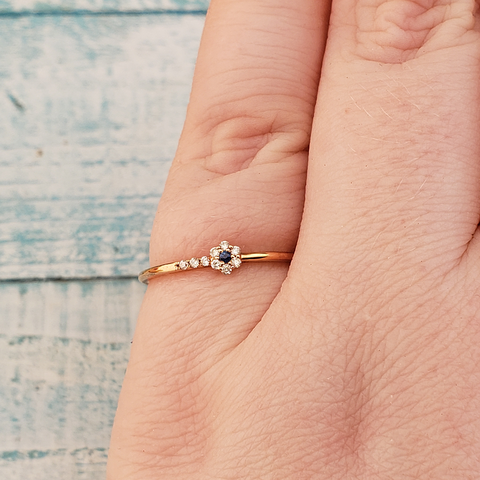 10k Rose Gold Sapphire &amp; White Diamonds Minimalist Floral Ring - Size 7 - Close Up on Pinky