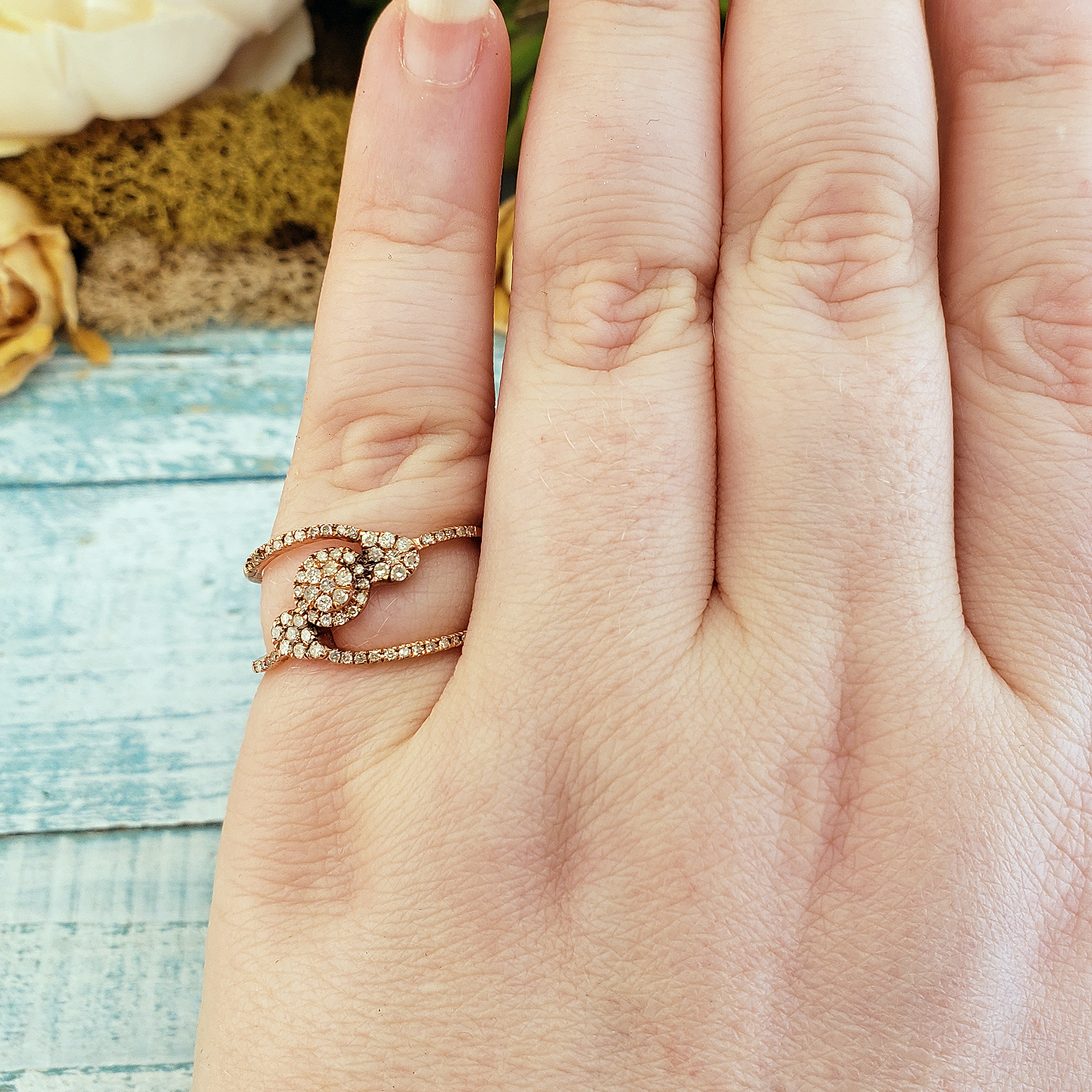 10k Rose Gold &amp; White Diamond Floral Pave Ring - Size 7 - On Pinky