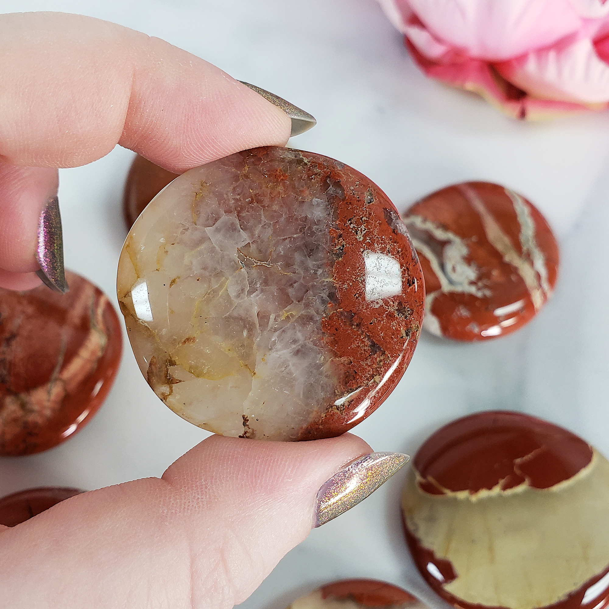 Flower Jasper Red Jasper Natural Crystal Palm Stone Worry Stone Meditation Tool - 2