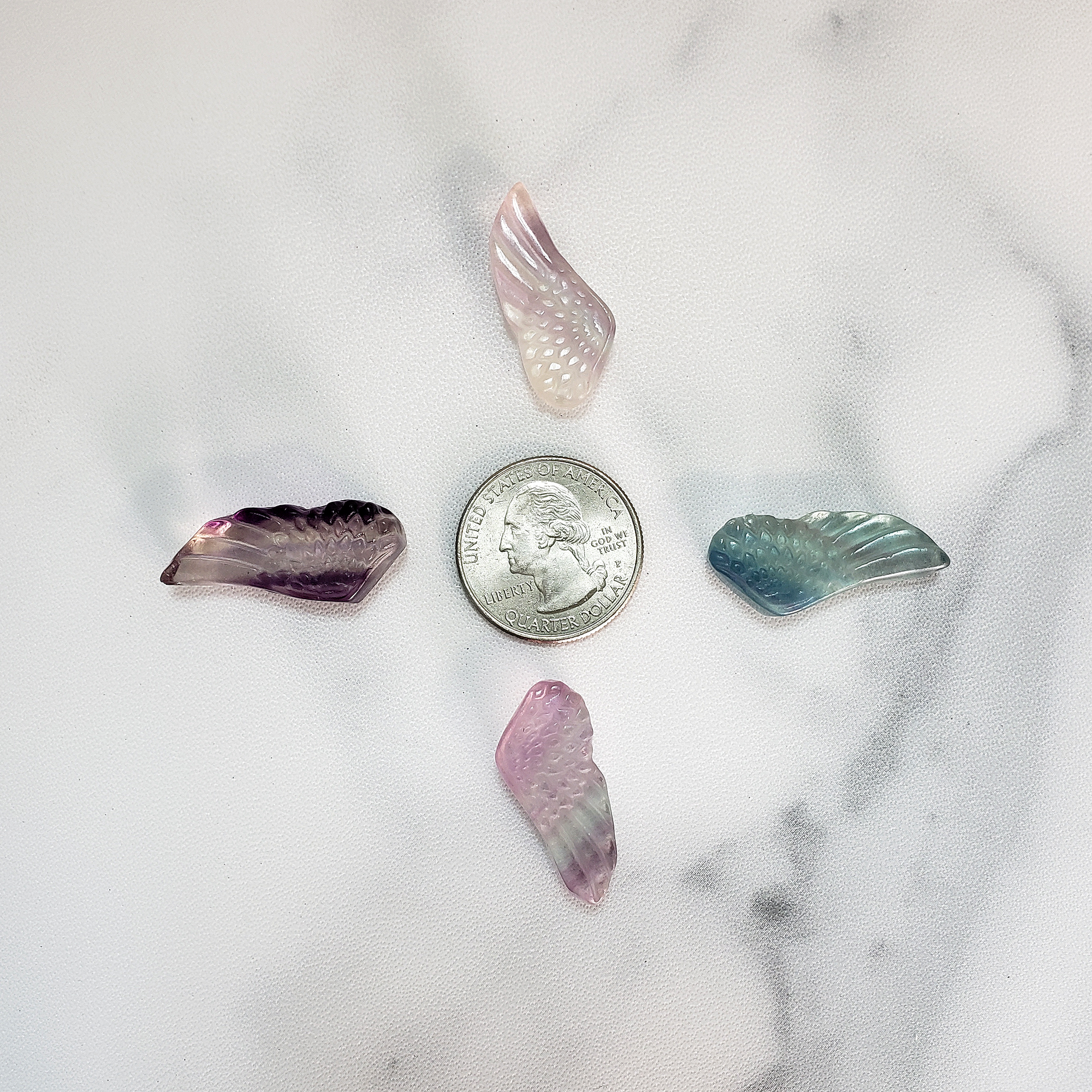 Fluorite Crystal Natural Gemstone Angel Wing Mini Carving - Size Comparison