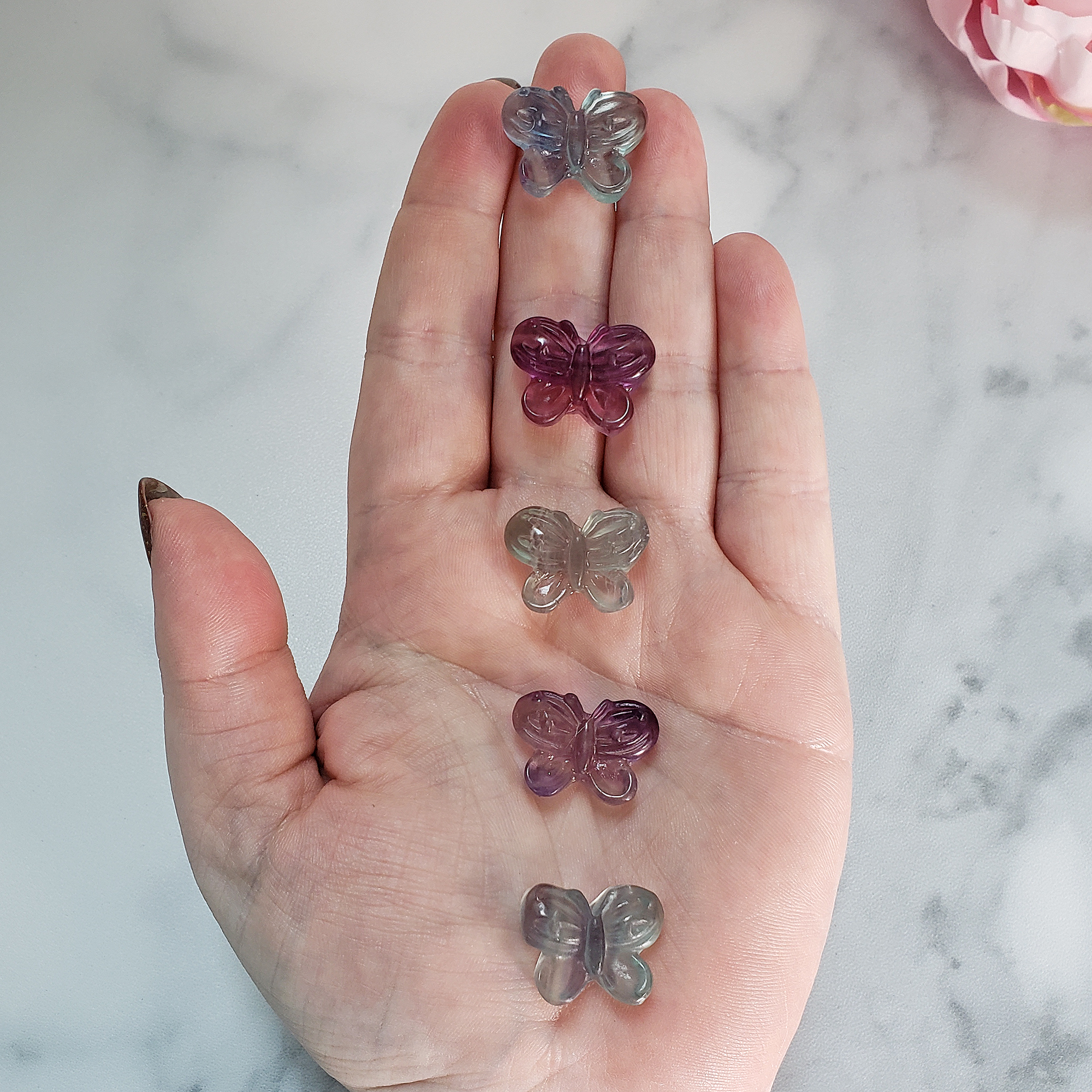 Fluorite Crystal Natural Gemstone Butterfly Mini Carving - Butterflies on Hand Gemstone Totem Carvings