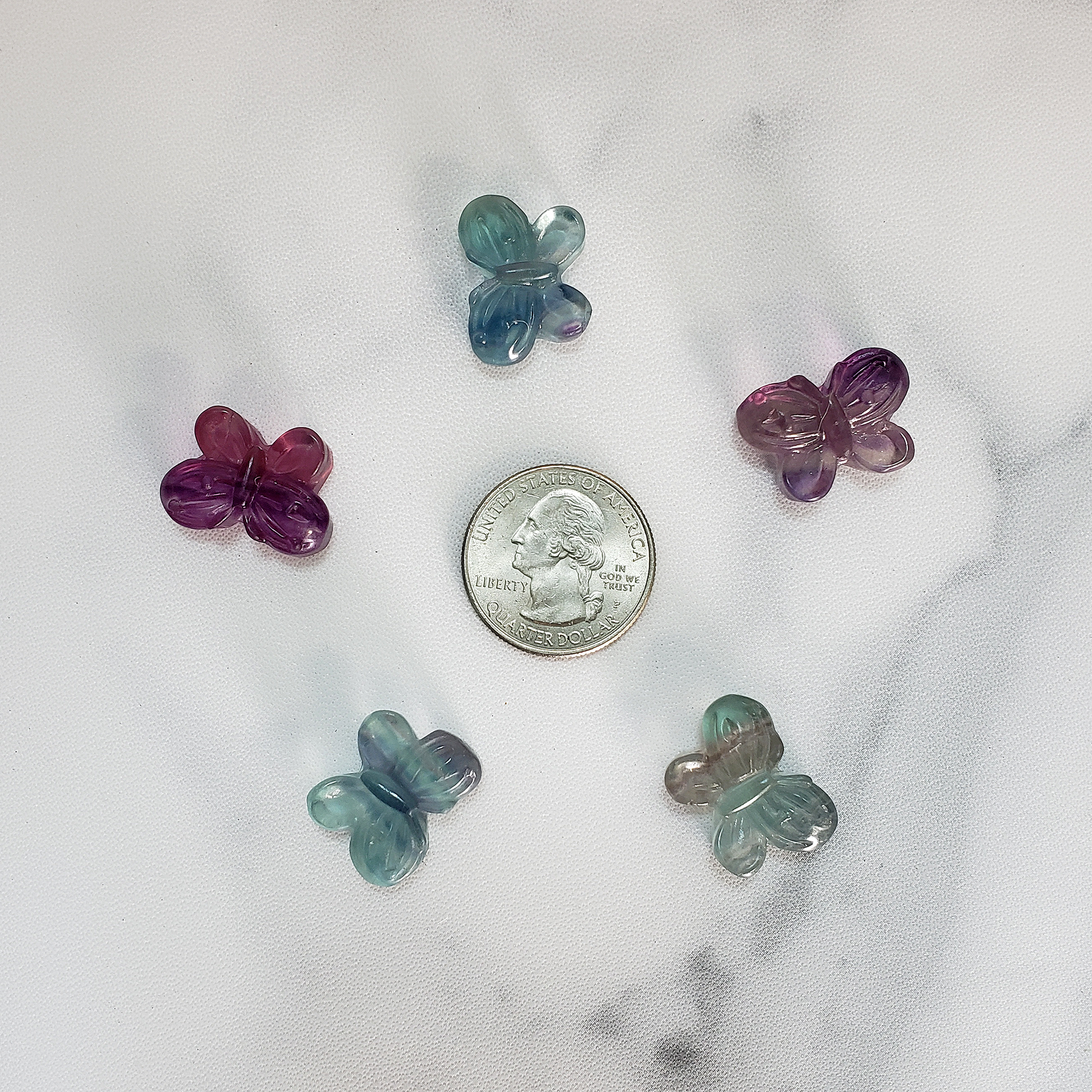 Fluorite Crystal Natural Gemstone Butterfly Mini Carving - Size Comparison