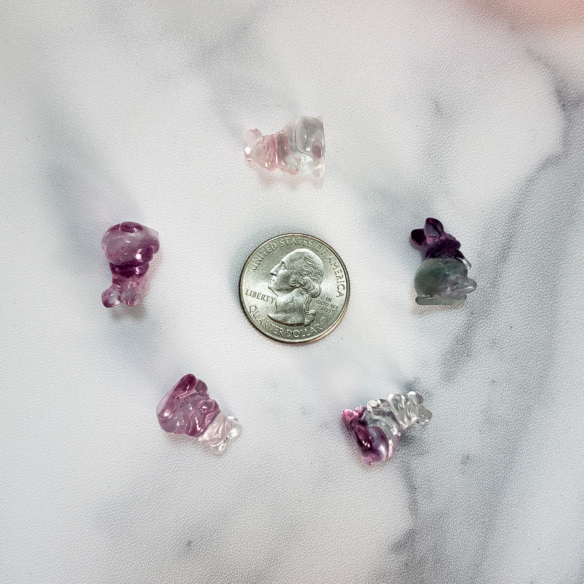 Fluorite Crystal Natural Gemstone Bunny Rabbit Mini Carving - Size Comparison