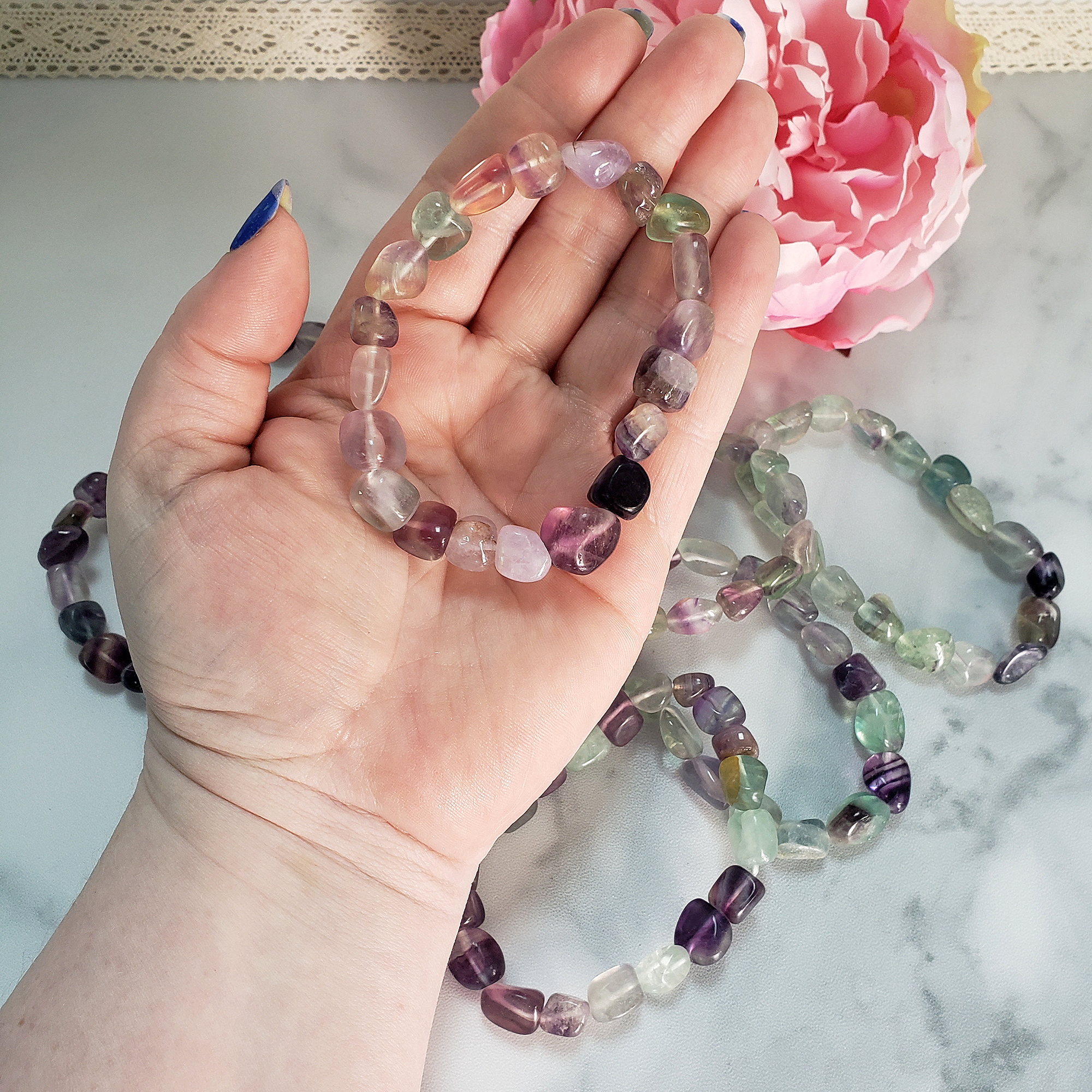 Fluorite Crystal Natural Gemstone Nugget Bead Bracelet - In Hand