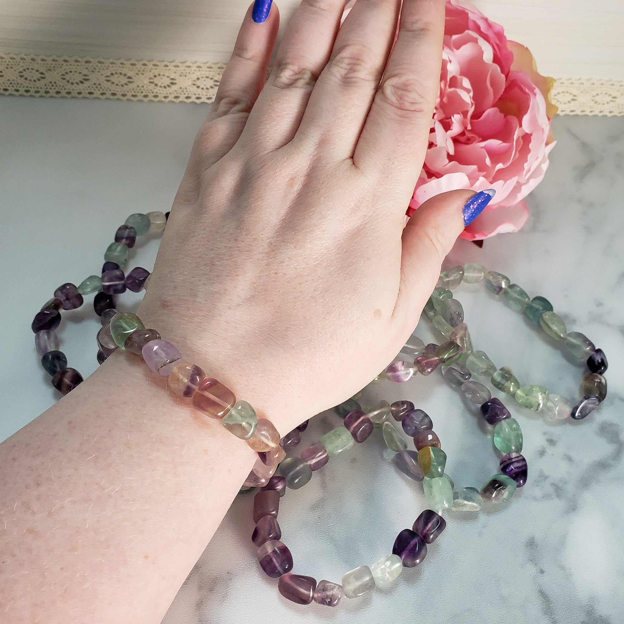 Fluorite Crystal Natural Gemstone Nugget Bead Bracelet - On Wrist