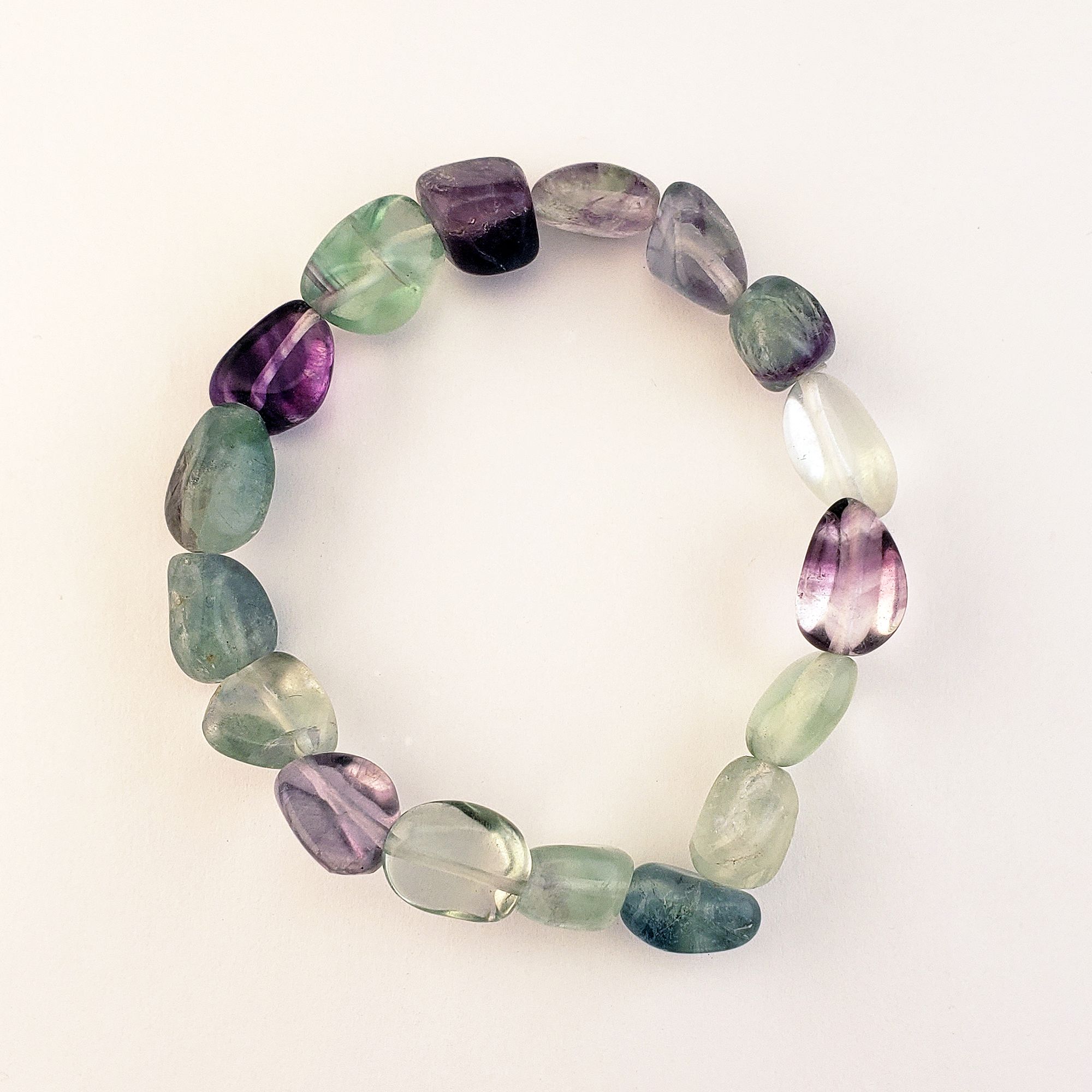 Fluorite Crystal Natural Gemstone Nugget Bead Bracelet - White Background