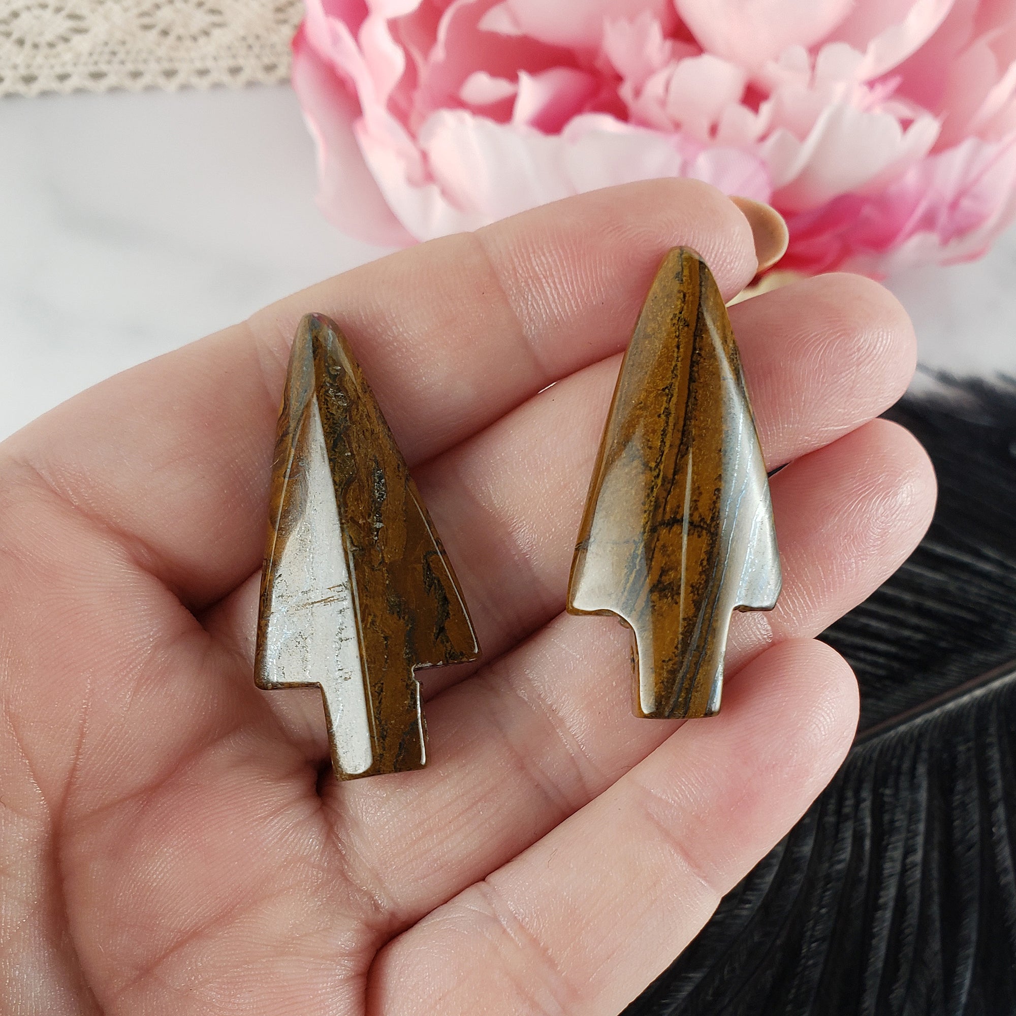 Unique Tiger Iron Crystal Arrowheads Natural Gemstones | Set of 2 Drilled Arrowheads - 1