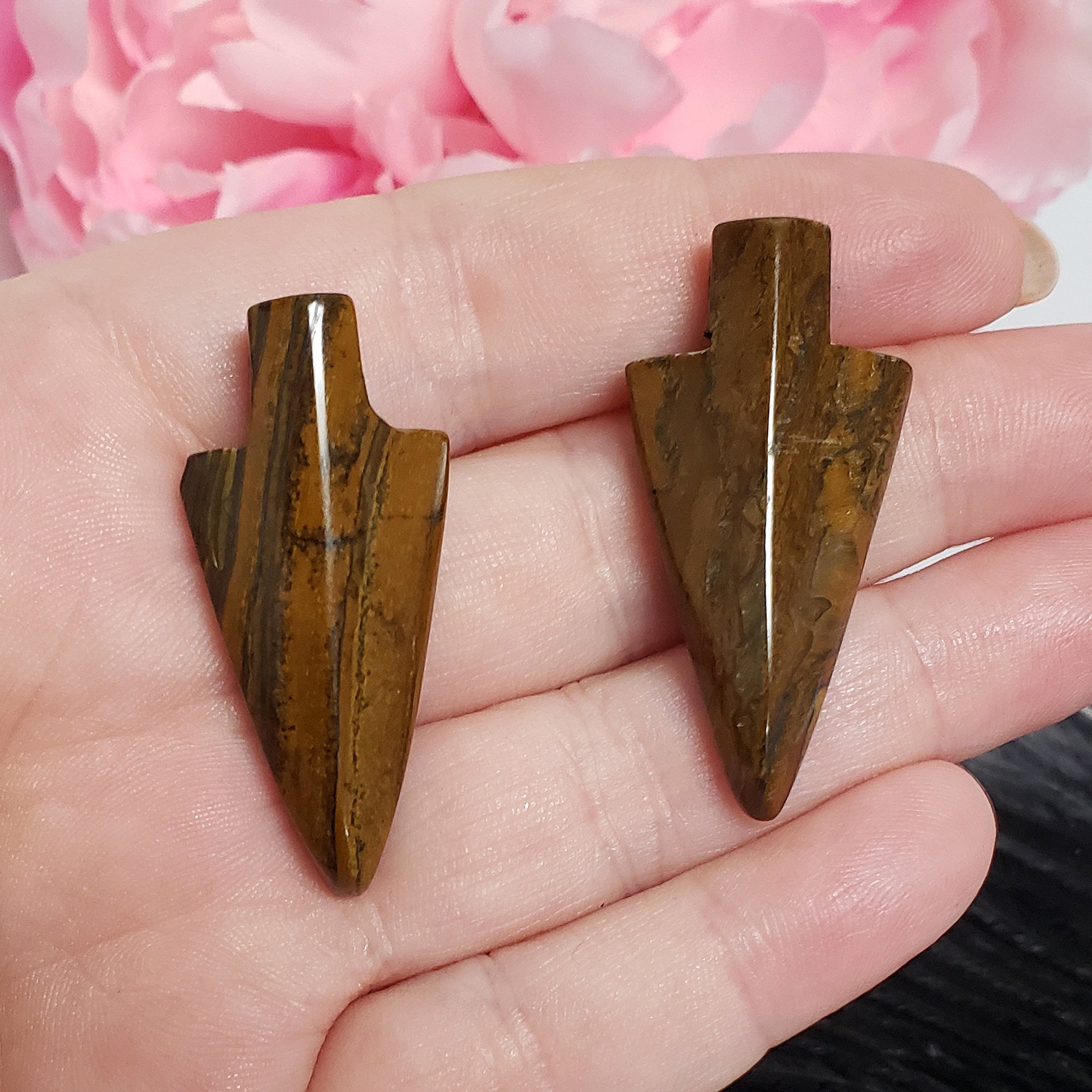 Unique Tiger Iron Crystal Arrowheads Natural Gemstones | Set of 2 Drilled Arrowheads - 3