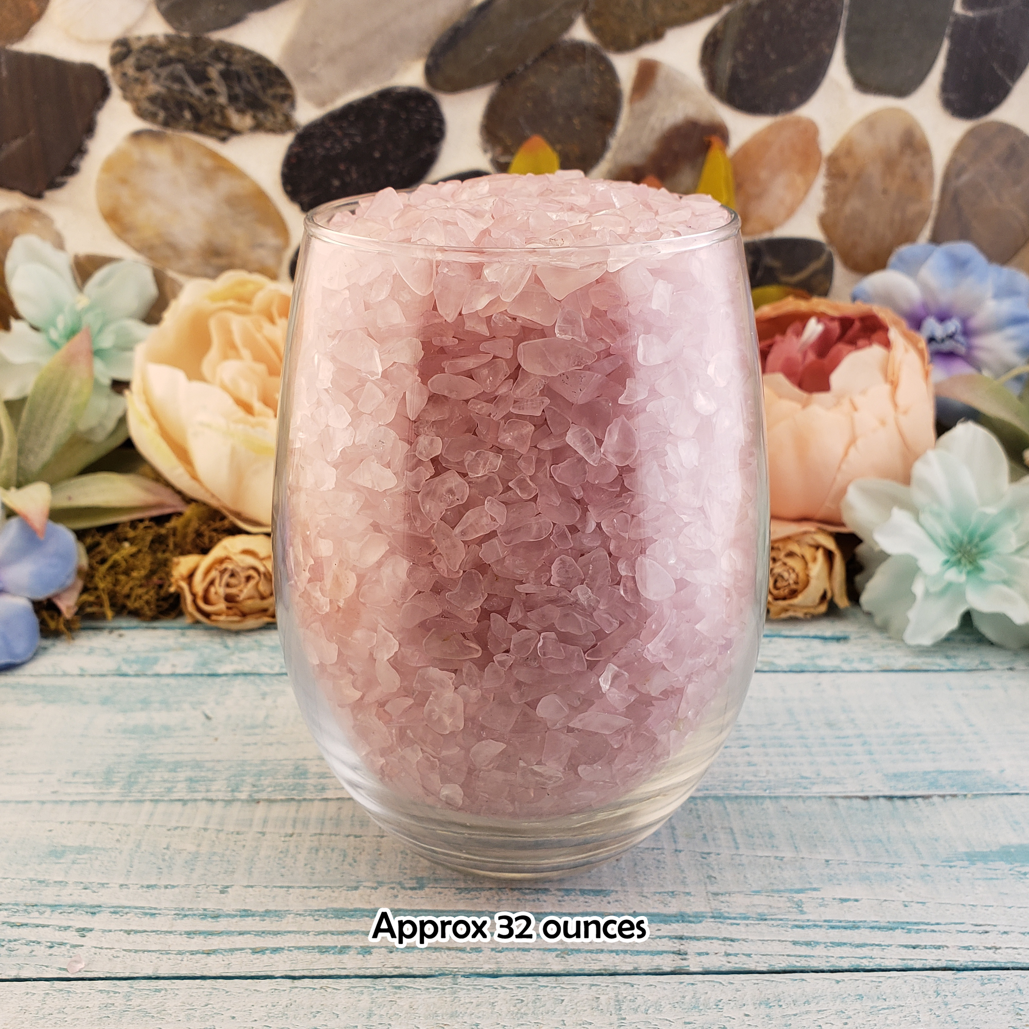 Rose Quartz Freeform Tumbled Crystal Chips - By the Ounce - 32 Ounces of Gemstone Chips in Glass Cup