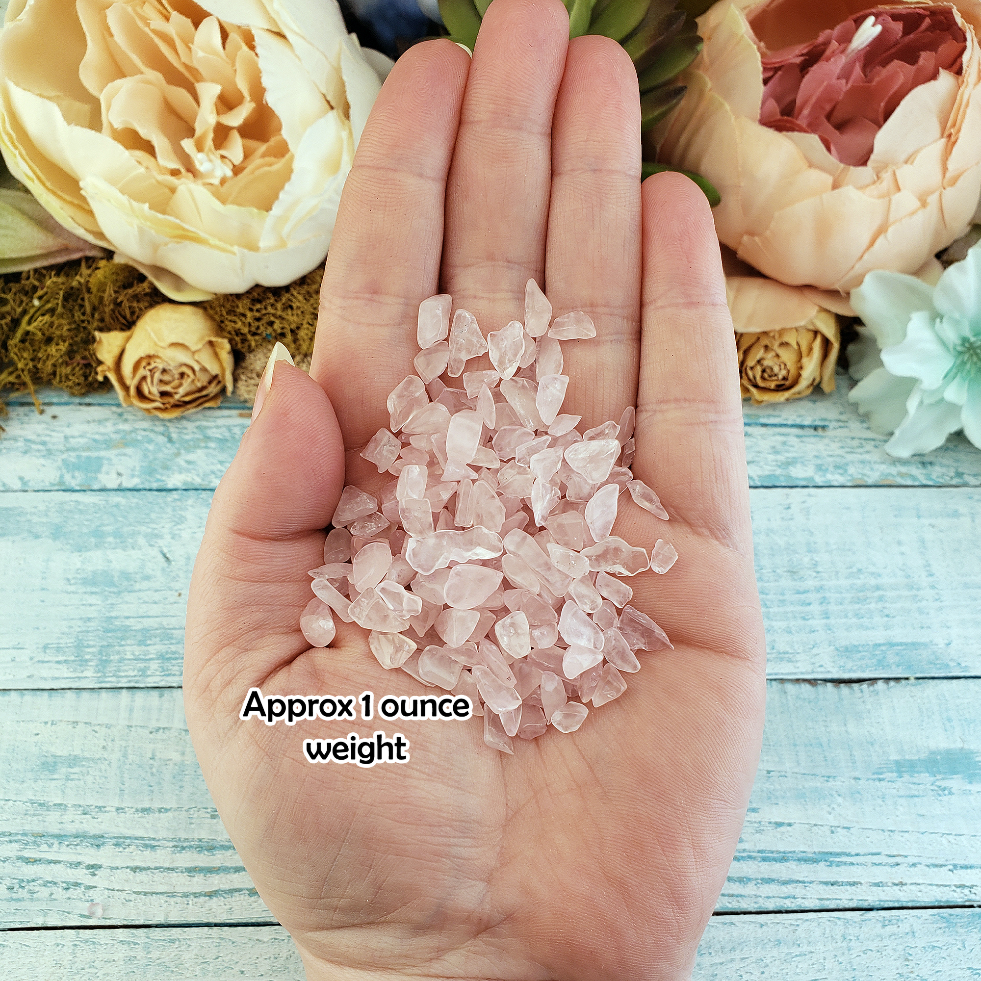 Rose Quartz Freeform Tumbled Crystal Chips - By the Ounce - One Ounce of Gemstone Chips in Hand