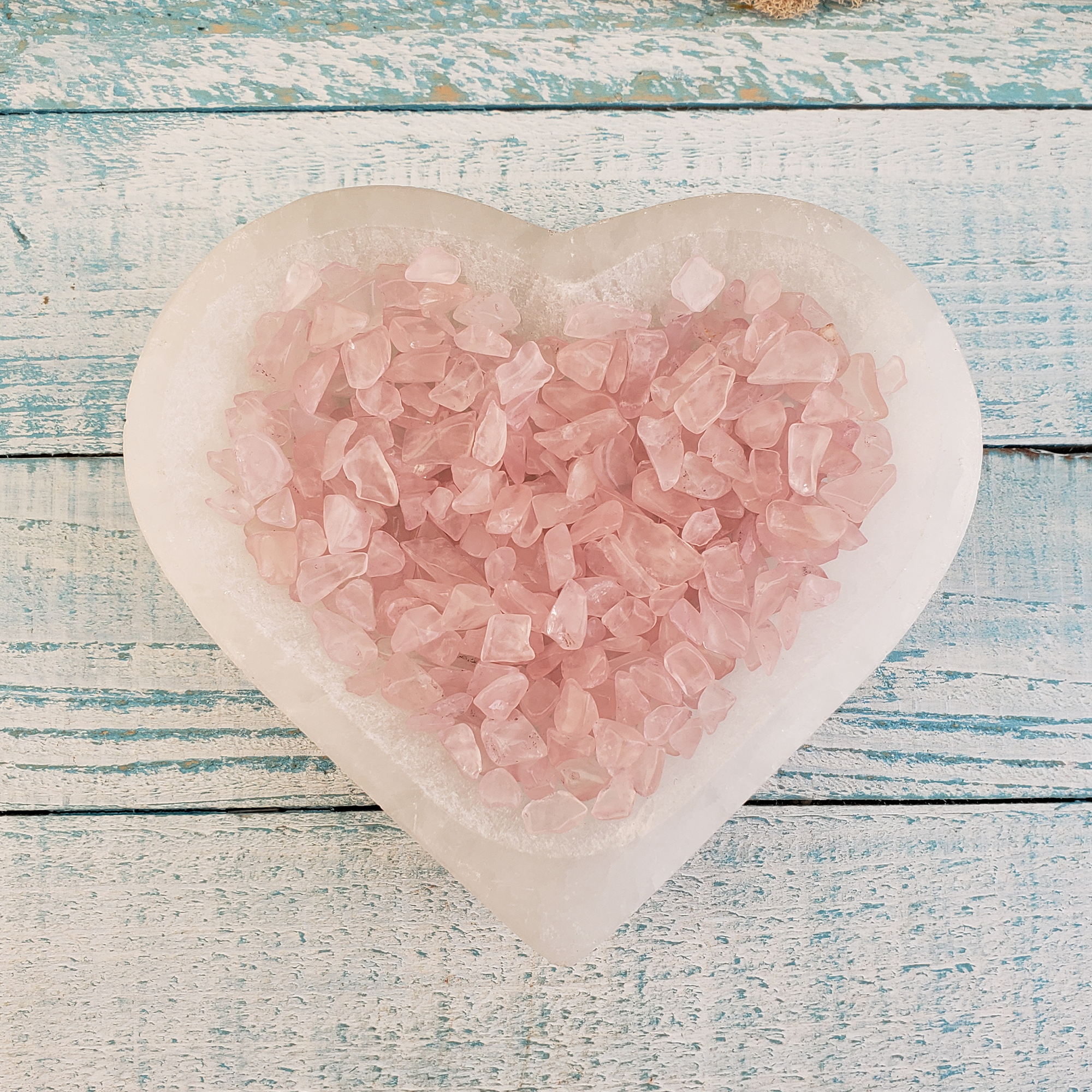 Rose Quartz Freeform Tumbled Crystal Chips - By the Ounce - In Selenite Bowl