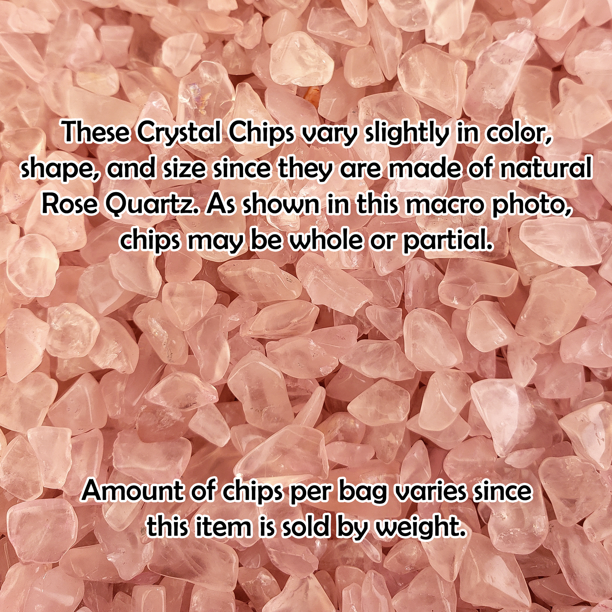 Rose Quartz Freeform Tumbled Crystal Chips - By the Ounce - Close Up with Information