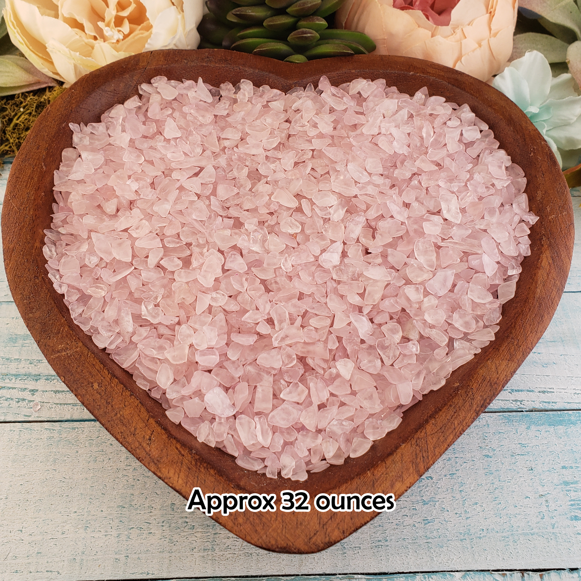 Rose Quartz Freeform Tumbled Crystal Chips - By the Ounce - 32 Ounces Gemstone Chips in Wooden Bowl