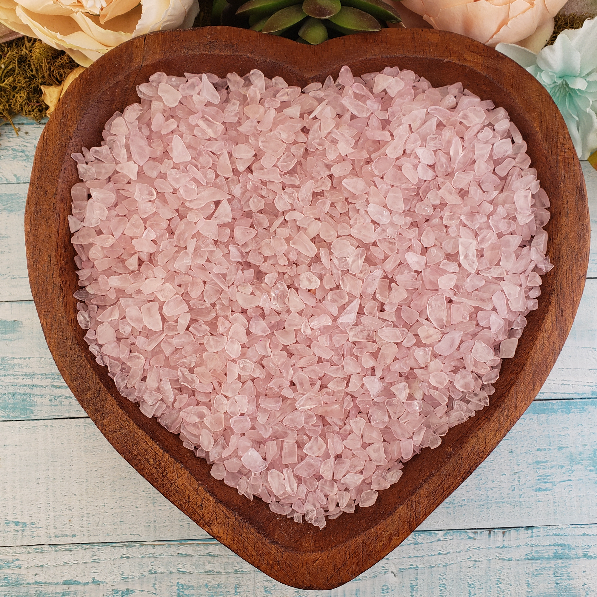 Rose Quartz Freeform Tumbled Crystal Chips - By the Ounce - In Wooden Heart Bowl