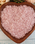 Rose Quartz Freeform Tumbled Crystal Chips - By the Ounce - In Wooden Heart Bowl