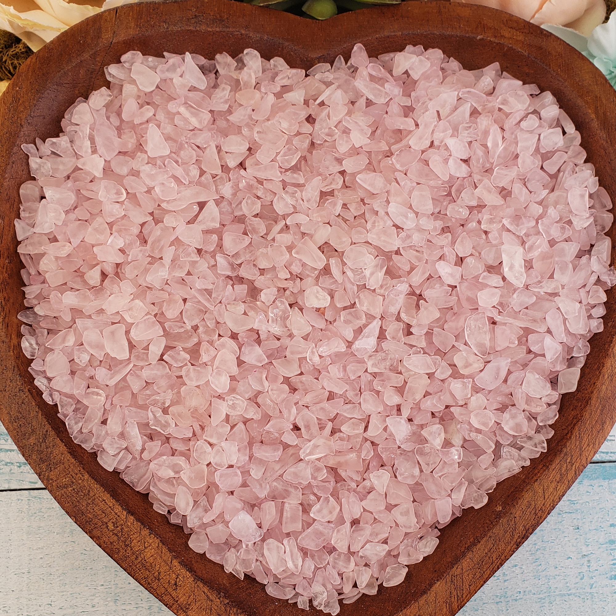 Rose Quartz Freeform Tumbled Crystal Chips - By the Ounce - In Heart Shaped Wooden Bowl