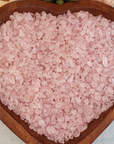 Rose Quartz Freeform Tumbled Crystal Chips - By the Ounce - In Heart Shaped Wooden Bowl