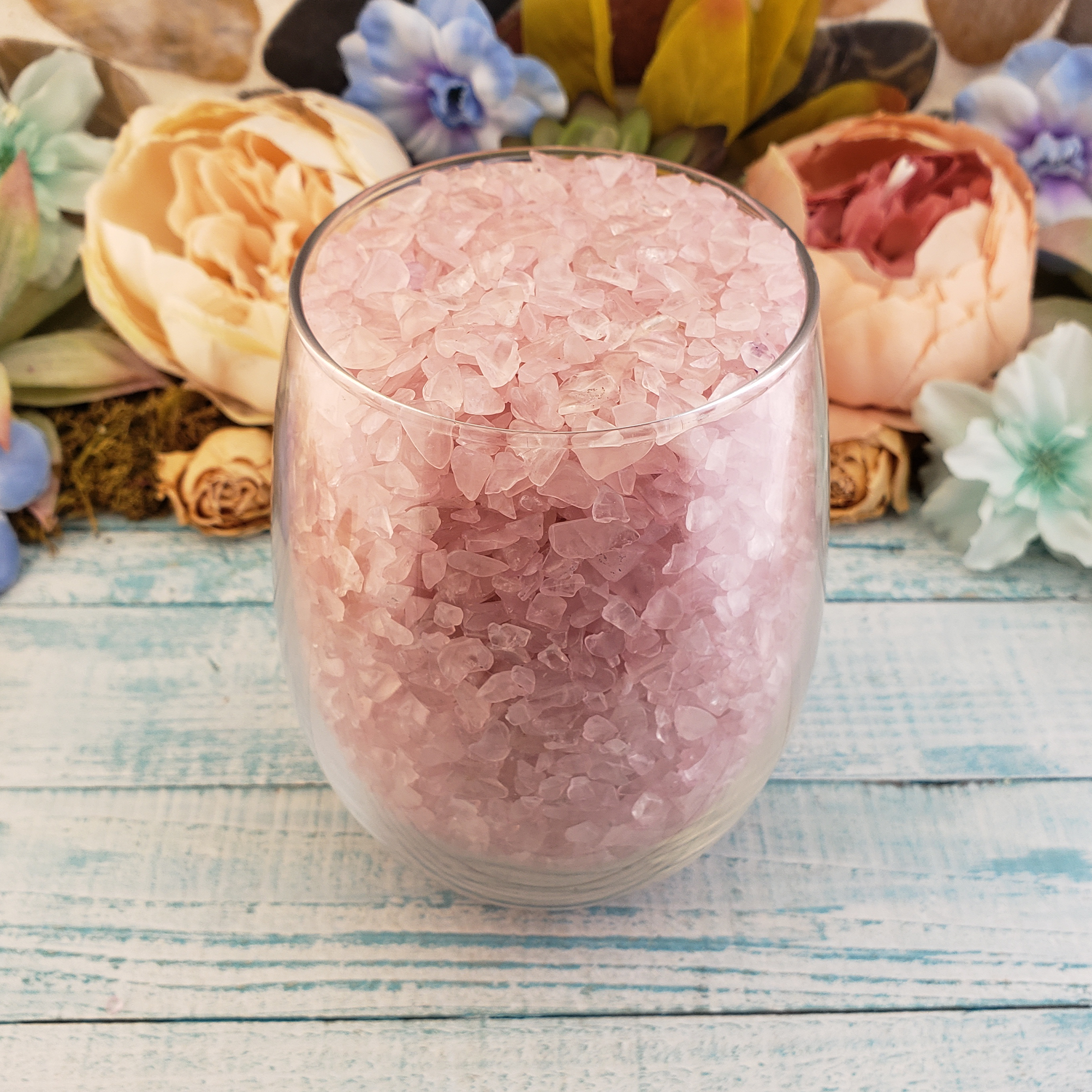 Rose Quartz Freeform Tumbled Crystal Chips - By the Ounce - In Glass Goblet