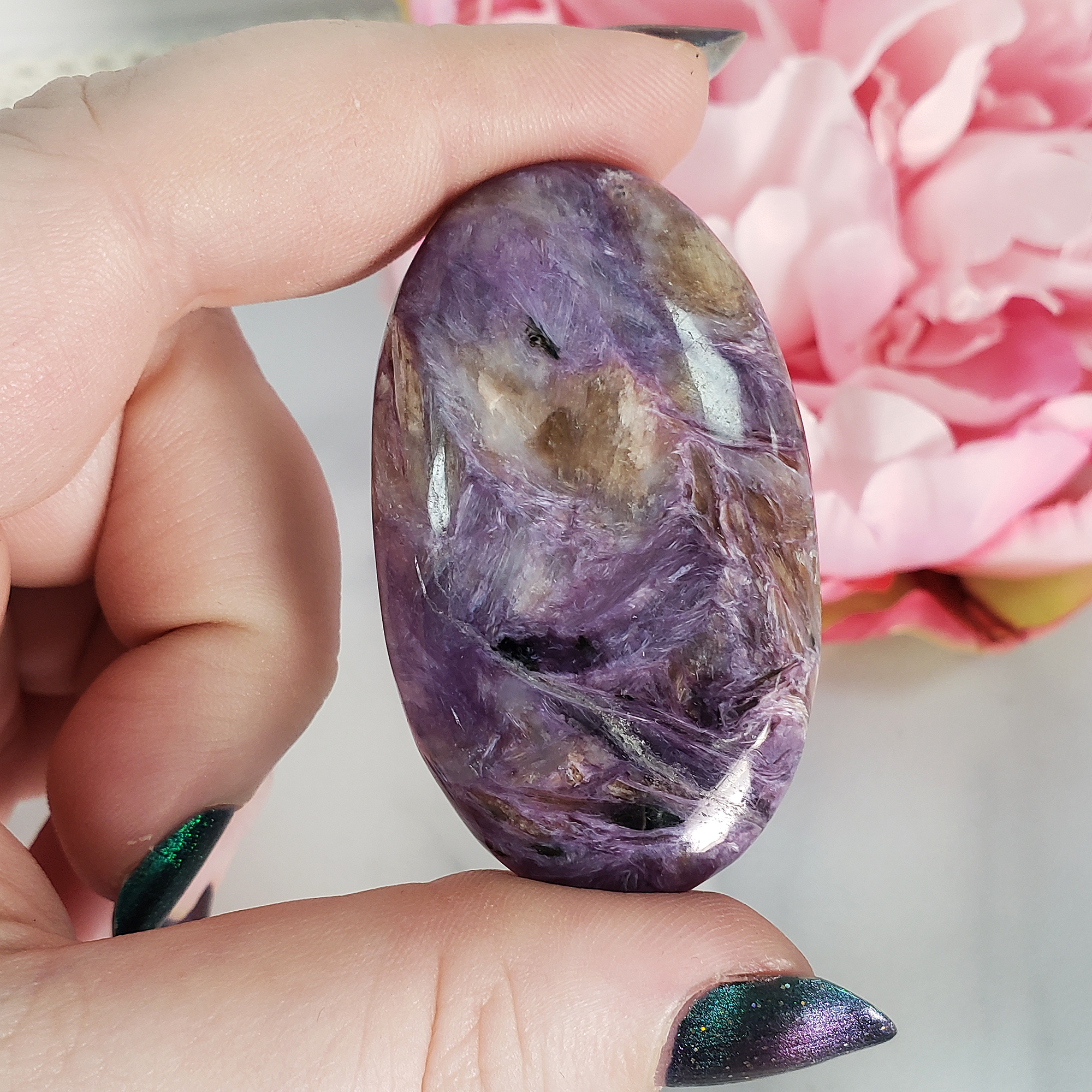 Unique Charoite Stone with Tokkoite Natural Crystal Palm Stone | Future