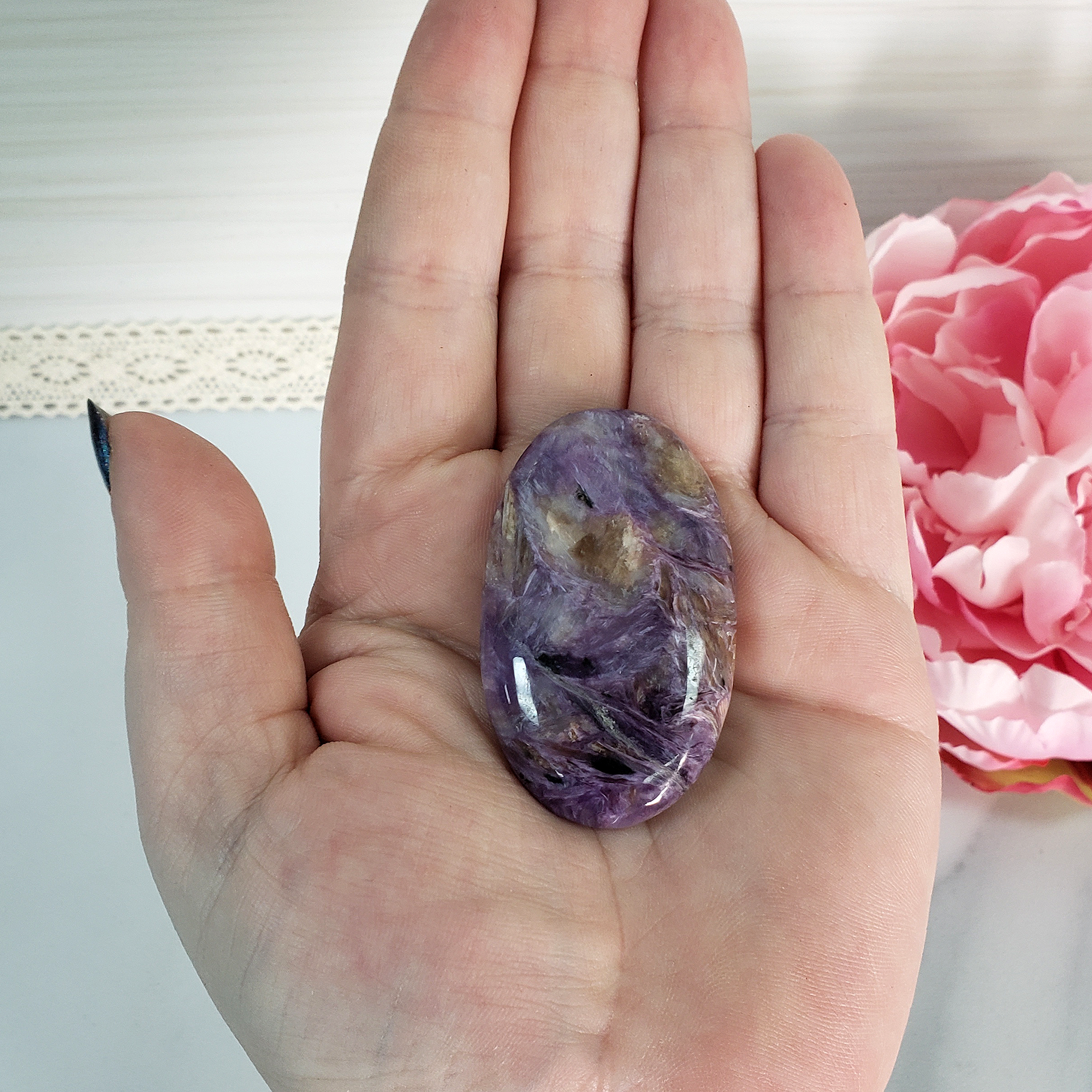 Unique Charoite Stone with Tokkoite Natural Crystal Palm Stone | Future - 2