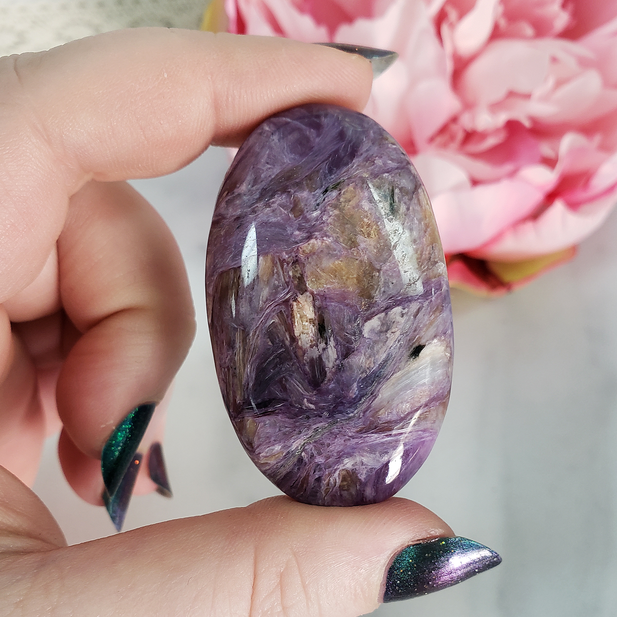 Unique Charoite Stone with Tokkoite Natural Crystal Palm Stone | Future - 1