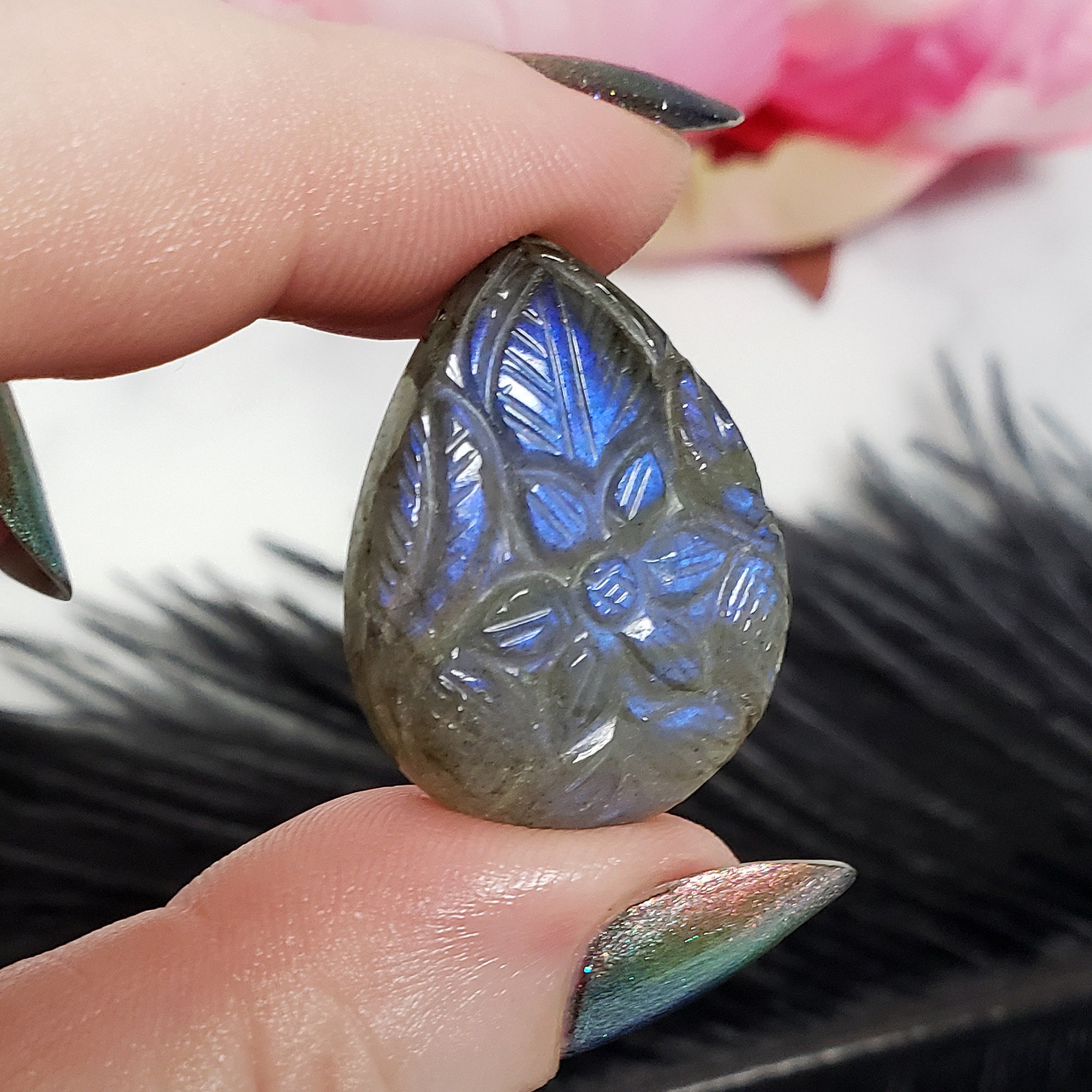 Unique 29 Carat Labradorite Cabochon Natural Gemstone Carving | Gardenia
