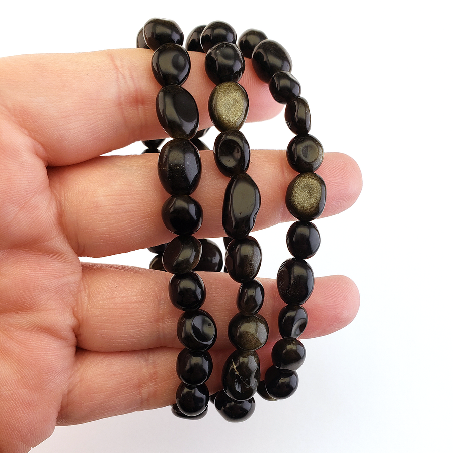 Gold Sheen & Black Obsidian Natural Nugget Bead Bracelet - Three Bracelets for Comparison