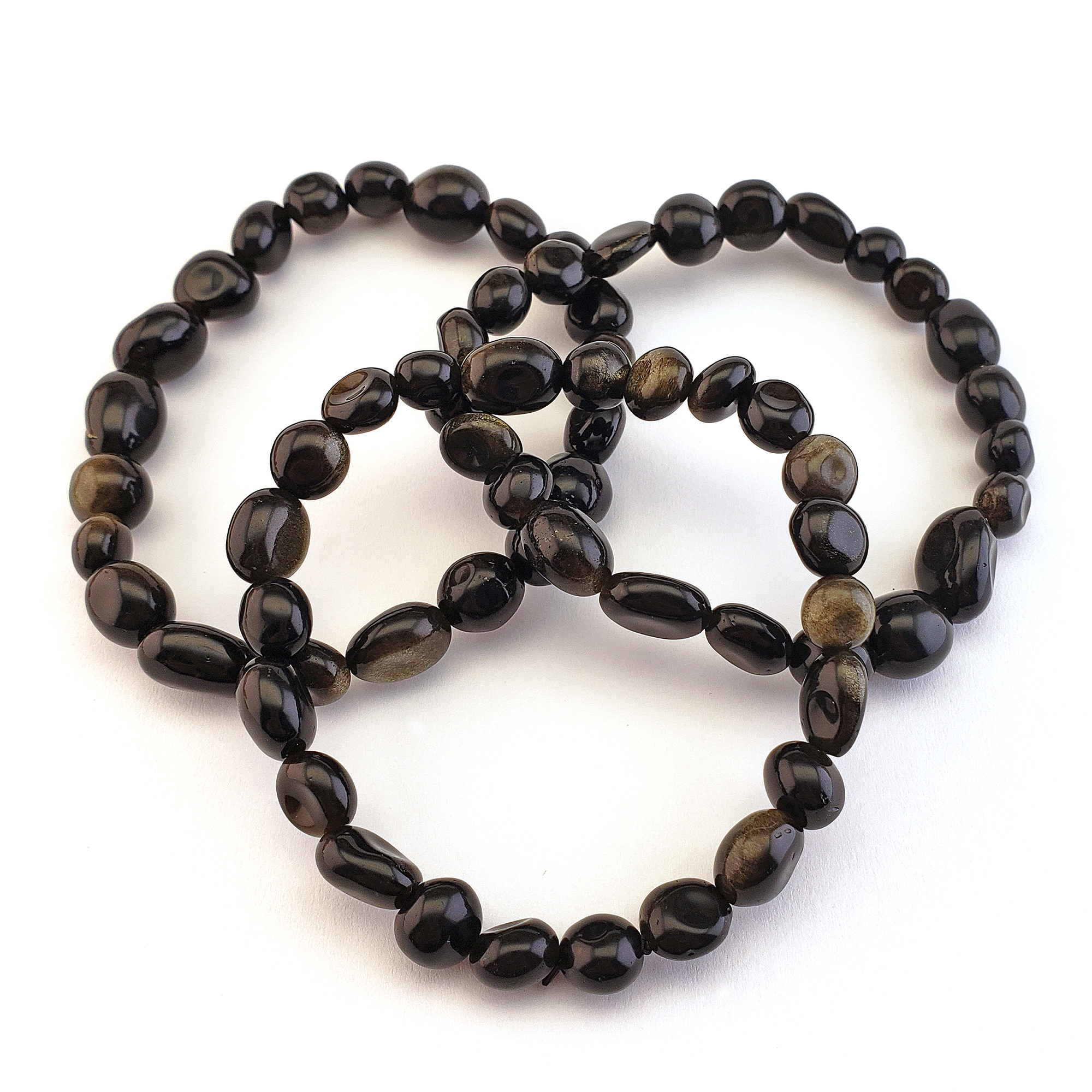 Gold Sheen &amp; Black Obsidian Natural Nugget Bead Bracelet - Forming Triquetra with Three Bracelets