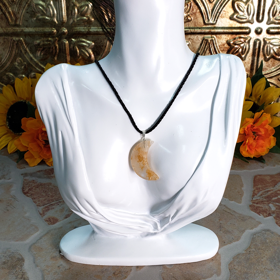 Golden Healer Hematoid Quartz Crystal Crescent Moon Gemstone Pendant Necklace - On Jewelry Form