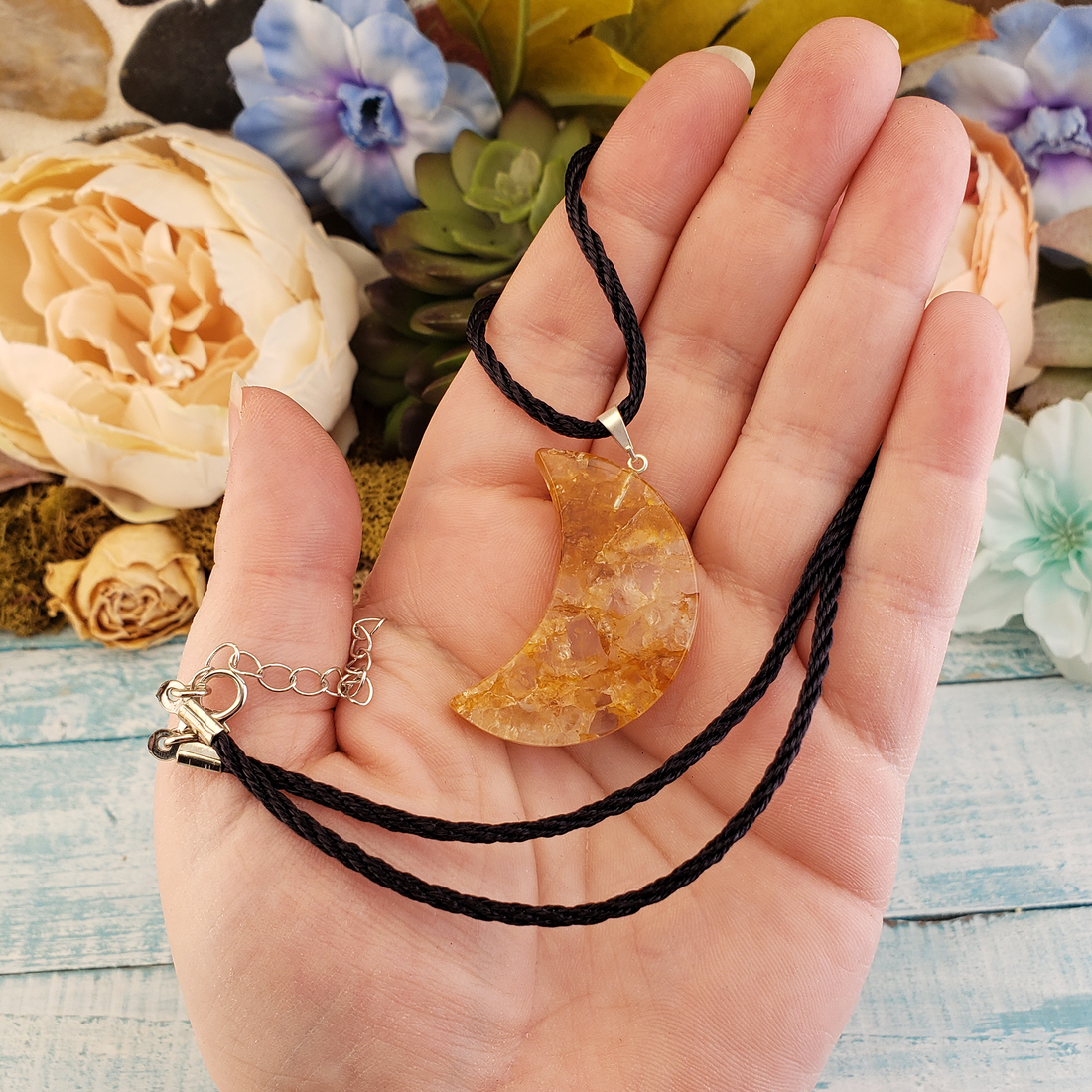 Golden Healer Hematoid Quartz Crystal Crescent Moon Gemstone Pendant Necklace - In Hand with Cord